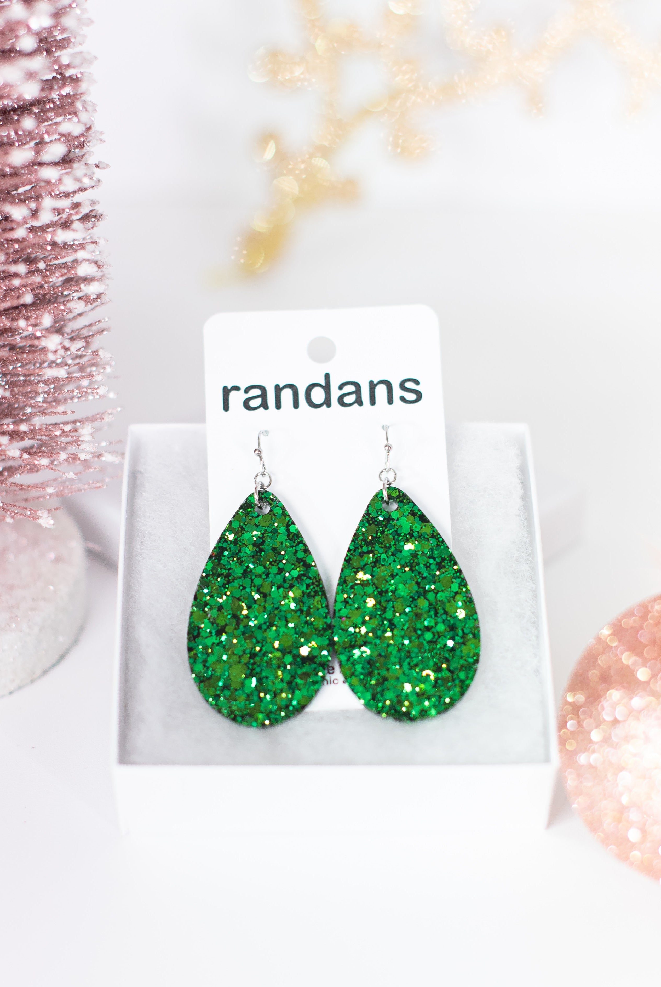 Green Glitter Randans Dangles-Earrings-Dear Me Southern Boutique, located in DeRidder, Louisiana