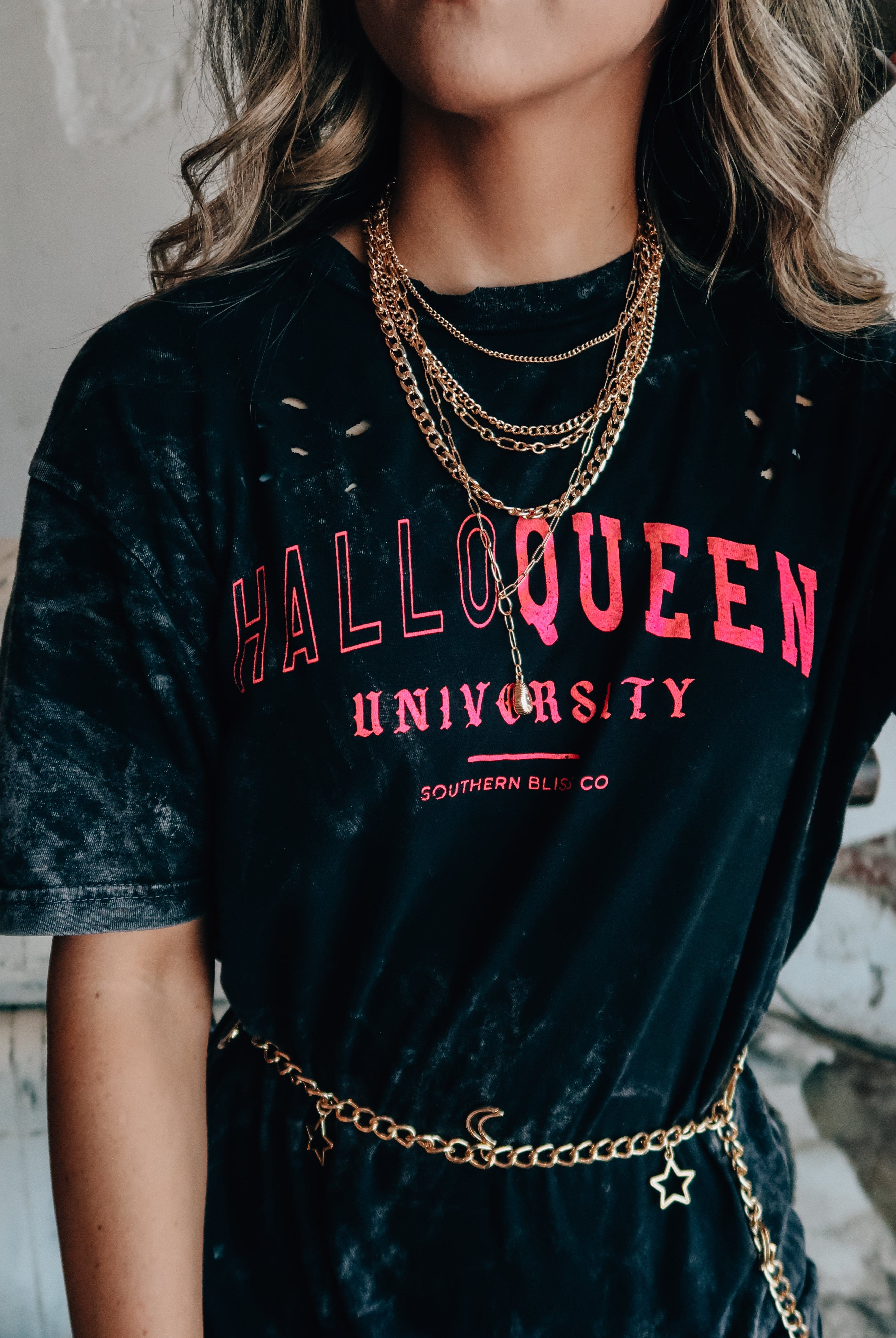 HalloQueen Black Mineral Wash Destroyed Tee-Dear Me Southern Boutique, located in DeRidder, Louisiana