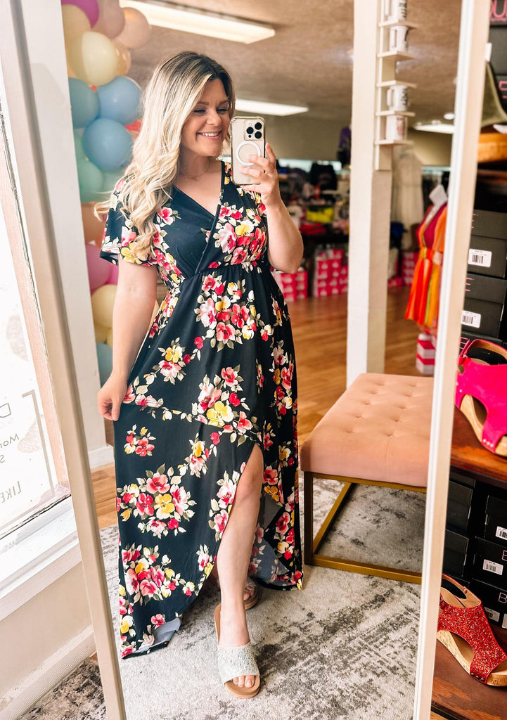 Harley High-Lo Dress: Black with Pink and Yellow Floral-Dresses-Dear Me Southern Boutique, located in DeRidder, Louisiana