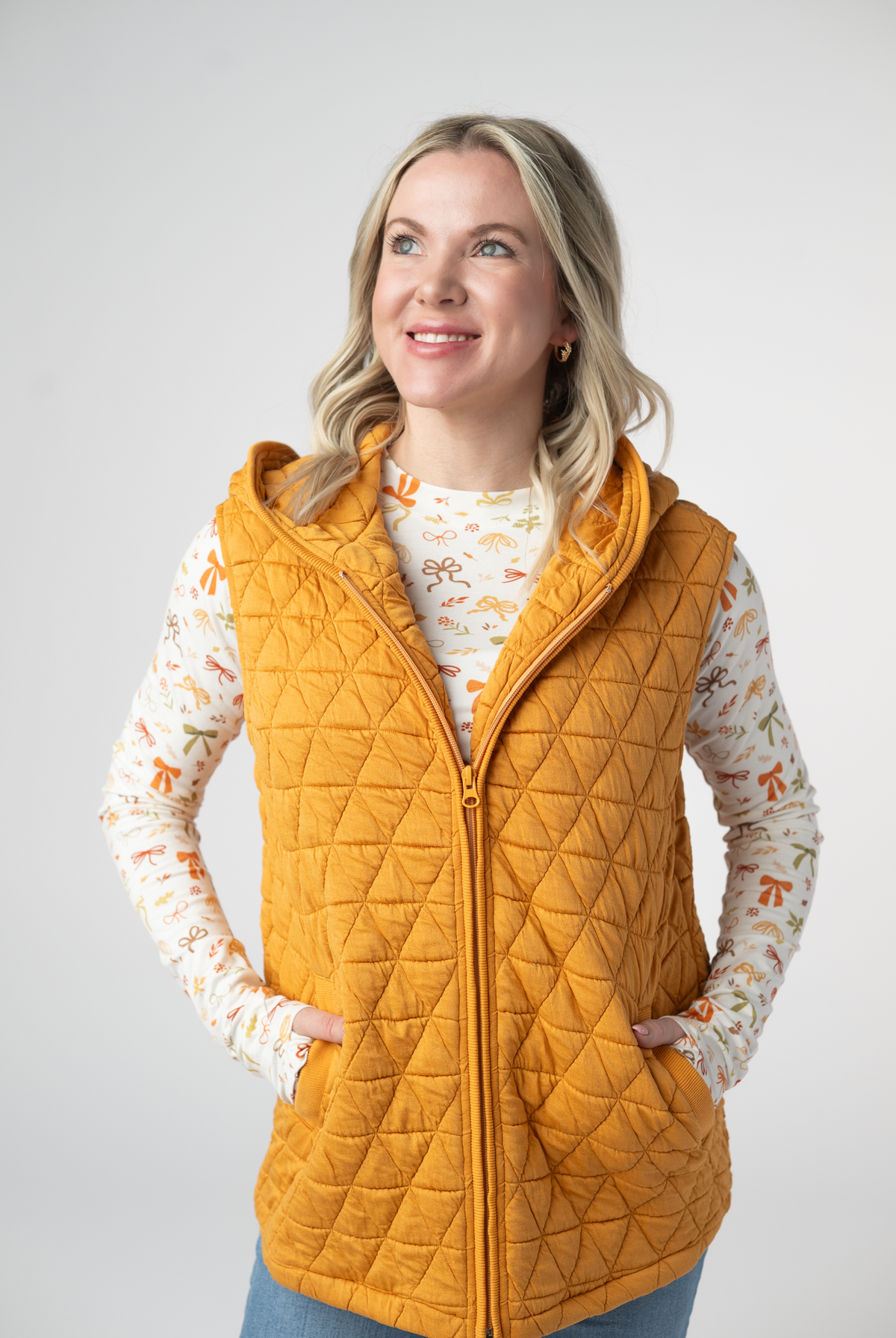Heather Geometric Hooded Vest - Mustard-Vest-Dear Me Southern Boutique, located in DeRidder, Louisiana
