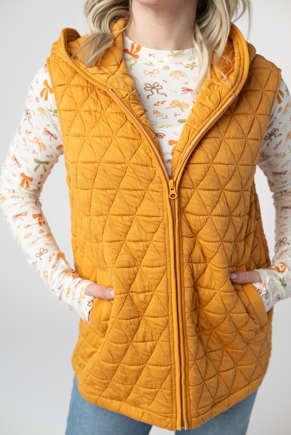 Heather Geometric Hooded Vest - Mustard-Vest-Dear Me Southern Boutique, located in DeRidder, Louisiana