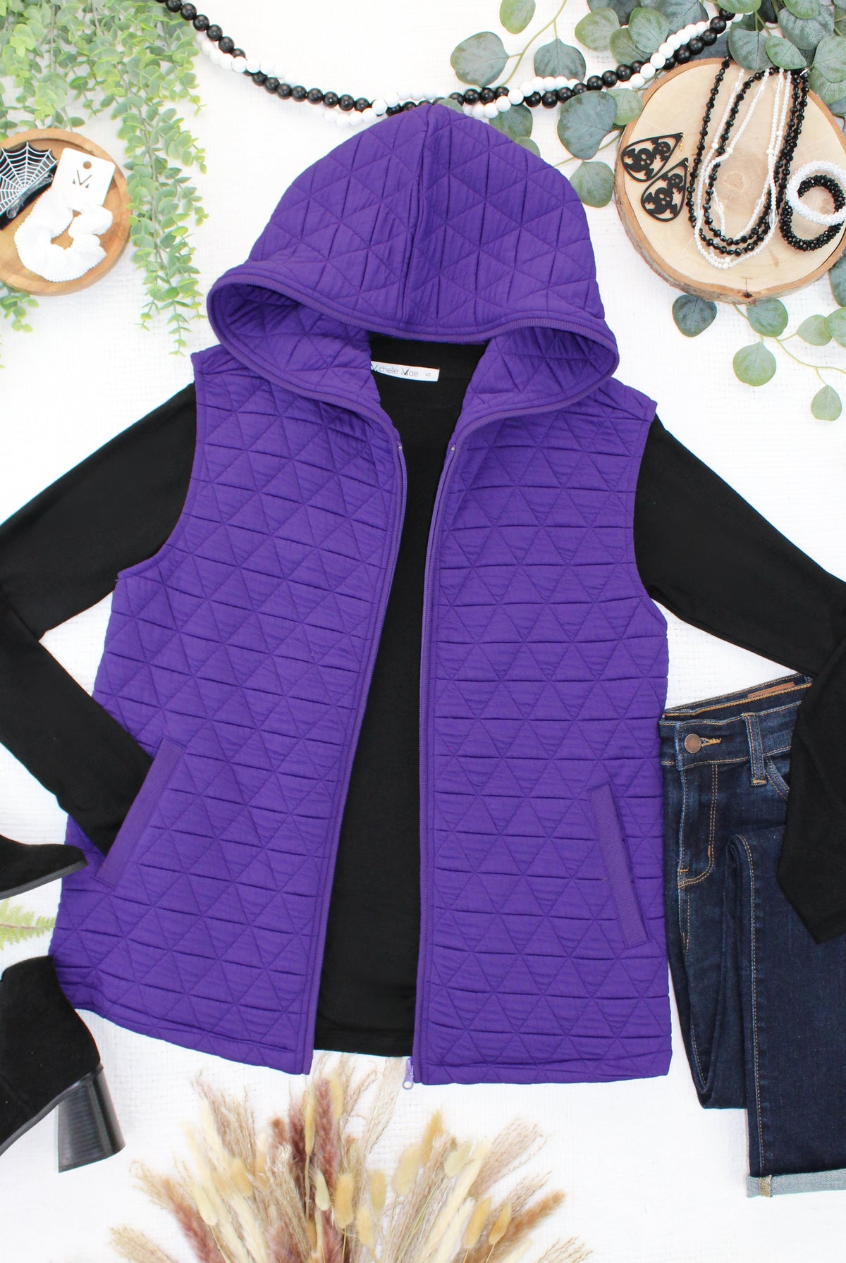 Heather Geometric Hooded Vest - Purple-Presales-Dear Me Southern Boutique, located in DeRidder, Louisiana
