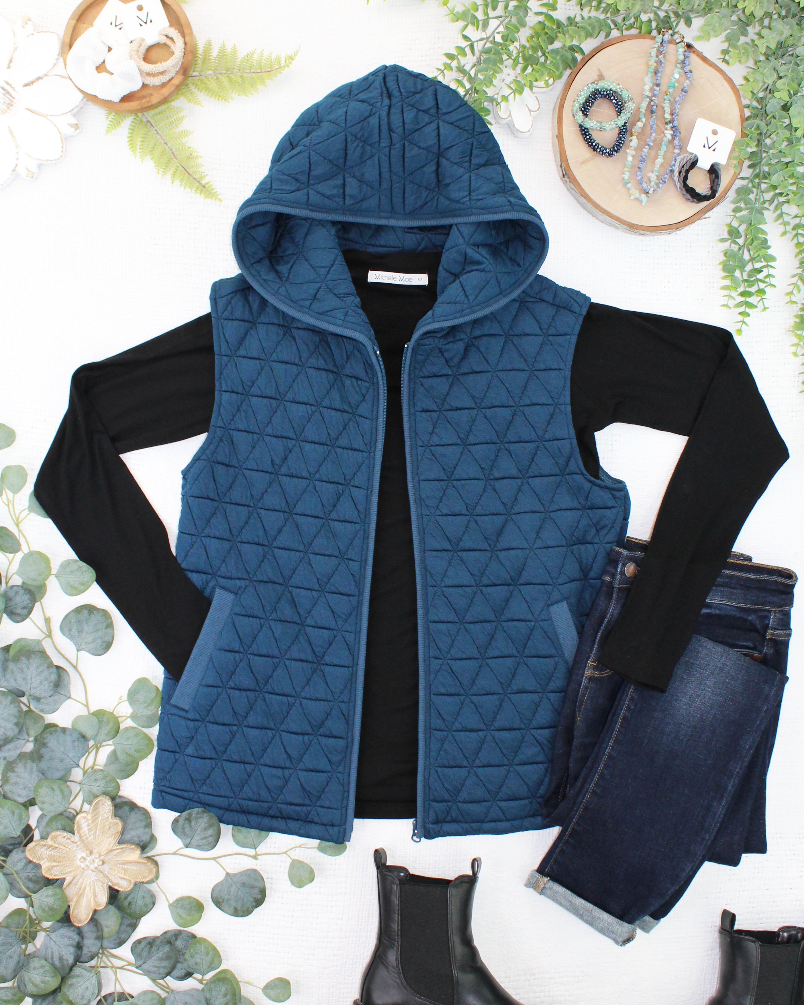 Heather Geometric Hooded Vest - Teal-Vest-Dear Me Southern Boutique, located in DeRidder, Louisiana