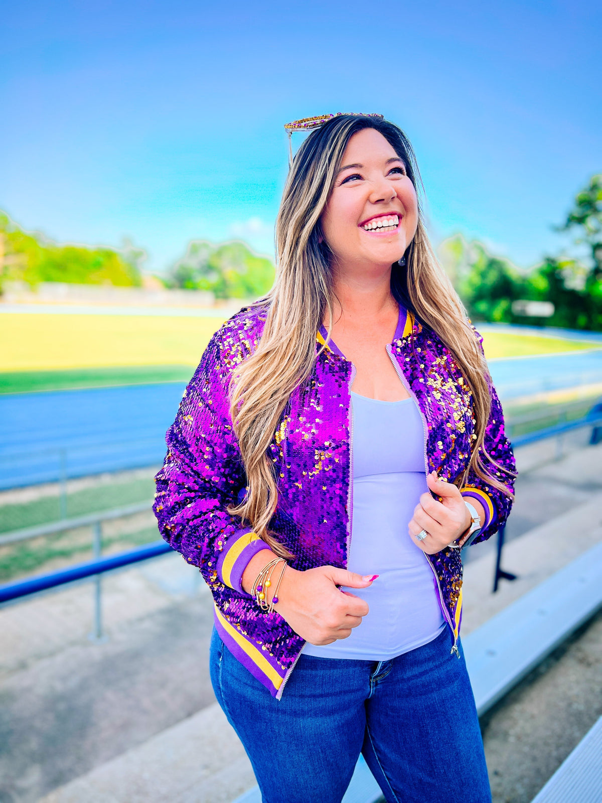 Here We Geaux Sequin Bomber Jacket-Game Day-Dear Me Southern Boutique, located in DeRidder, Louisiana