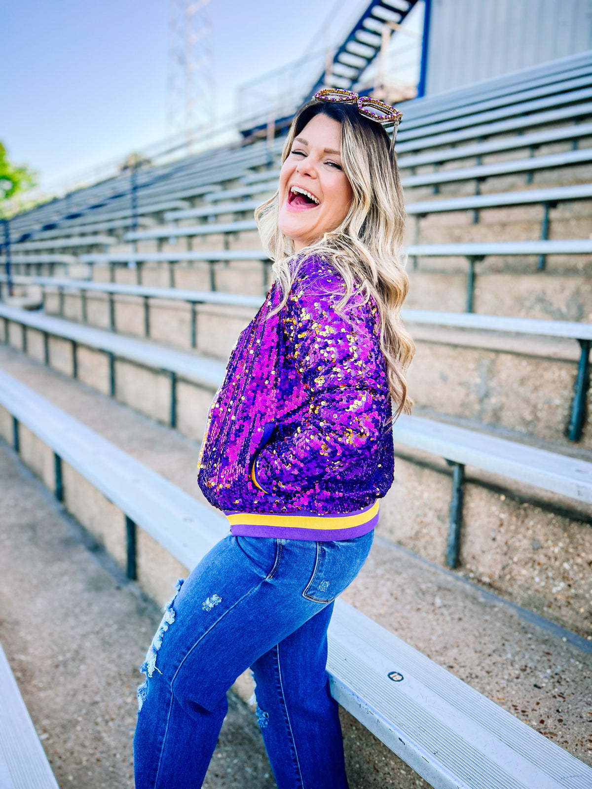 Here We Geaux Sequin Bomber Jacket-Game Day-Dear Me Southern Boutique, located in DeRidder, Louisiana