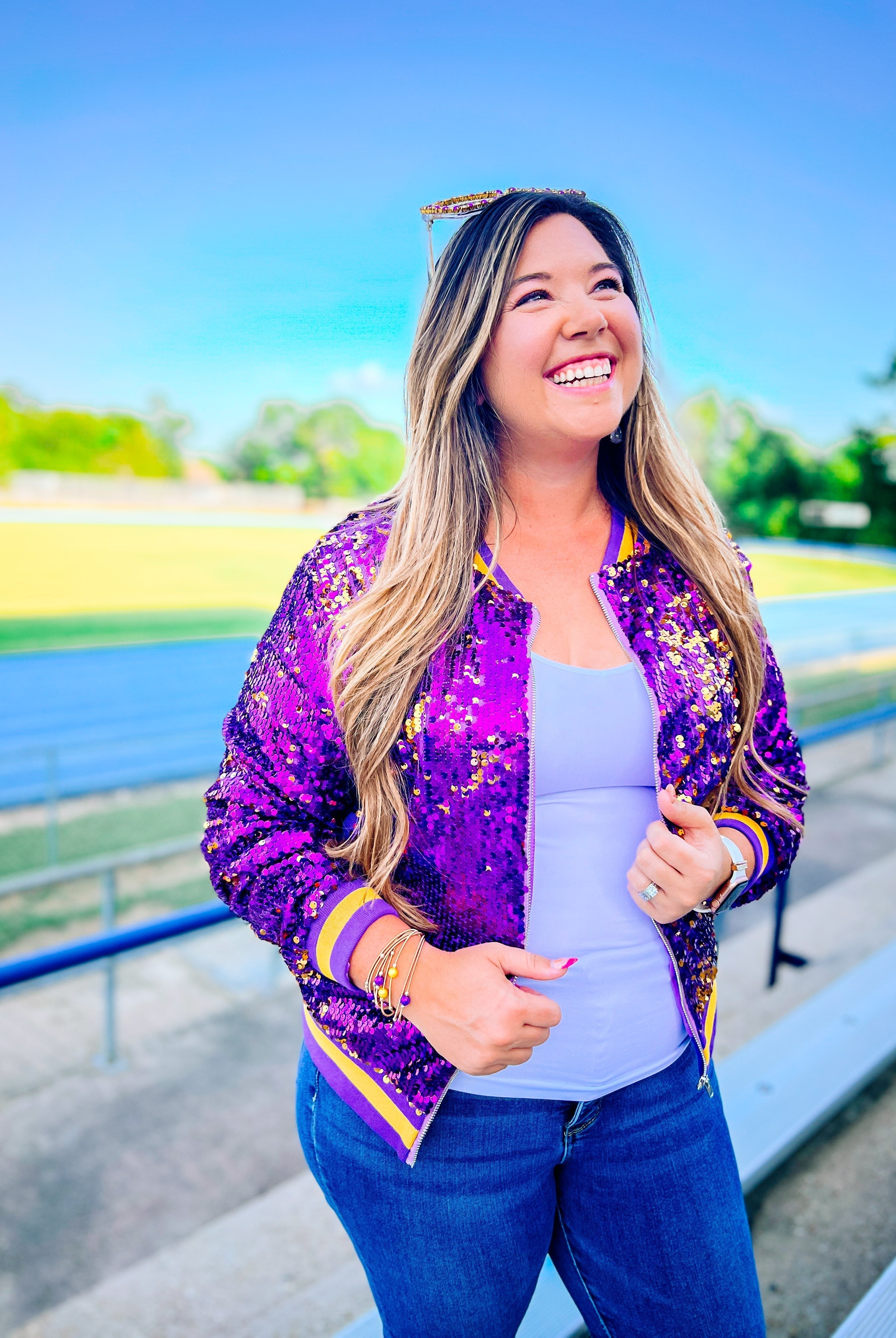 Here We Geaux Sequin Bomber Jacket-Jackets-Dear Me Southern Boutique, located in DeRidder, Louisiana