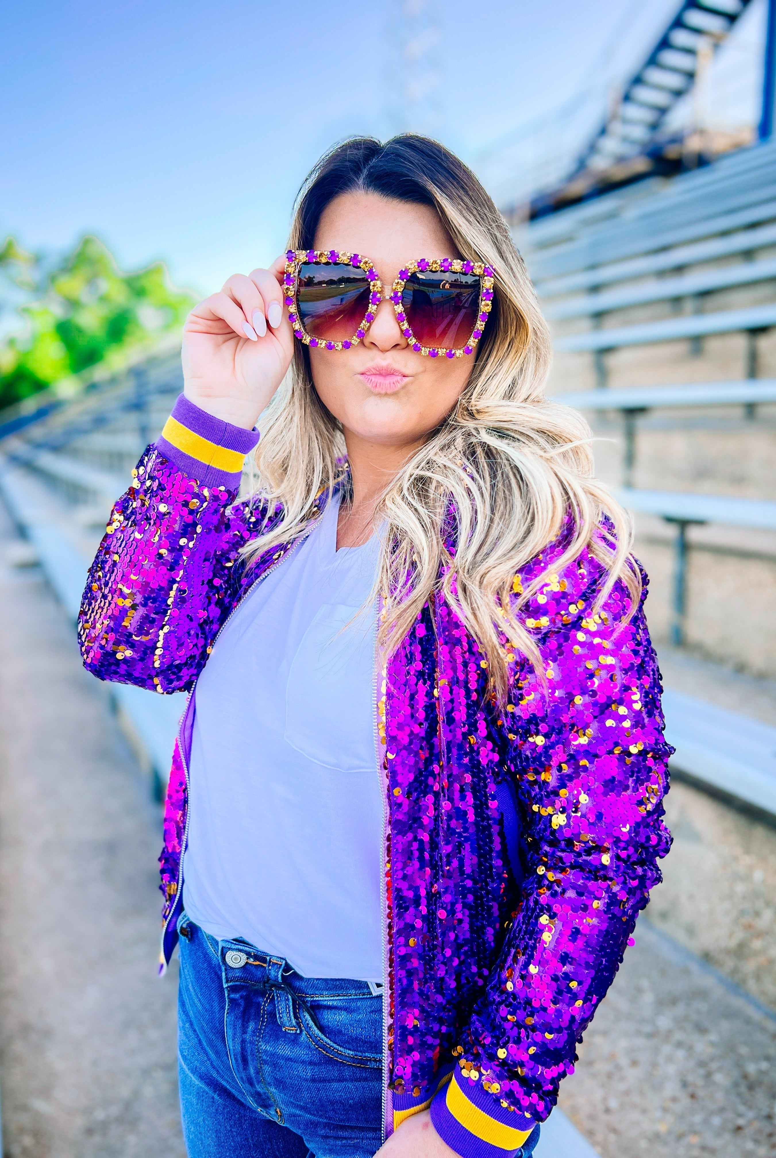 Here We Geaux Sequin Bomber Jacket-Jackets-Dear Me Southern Boutique, located in DeRidder, Louisiana