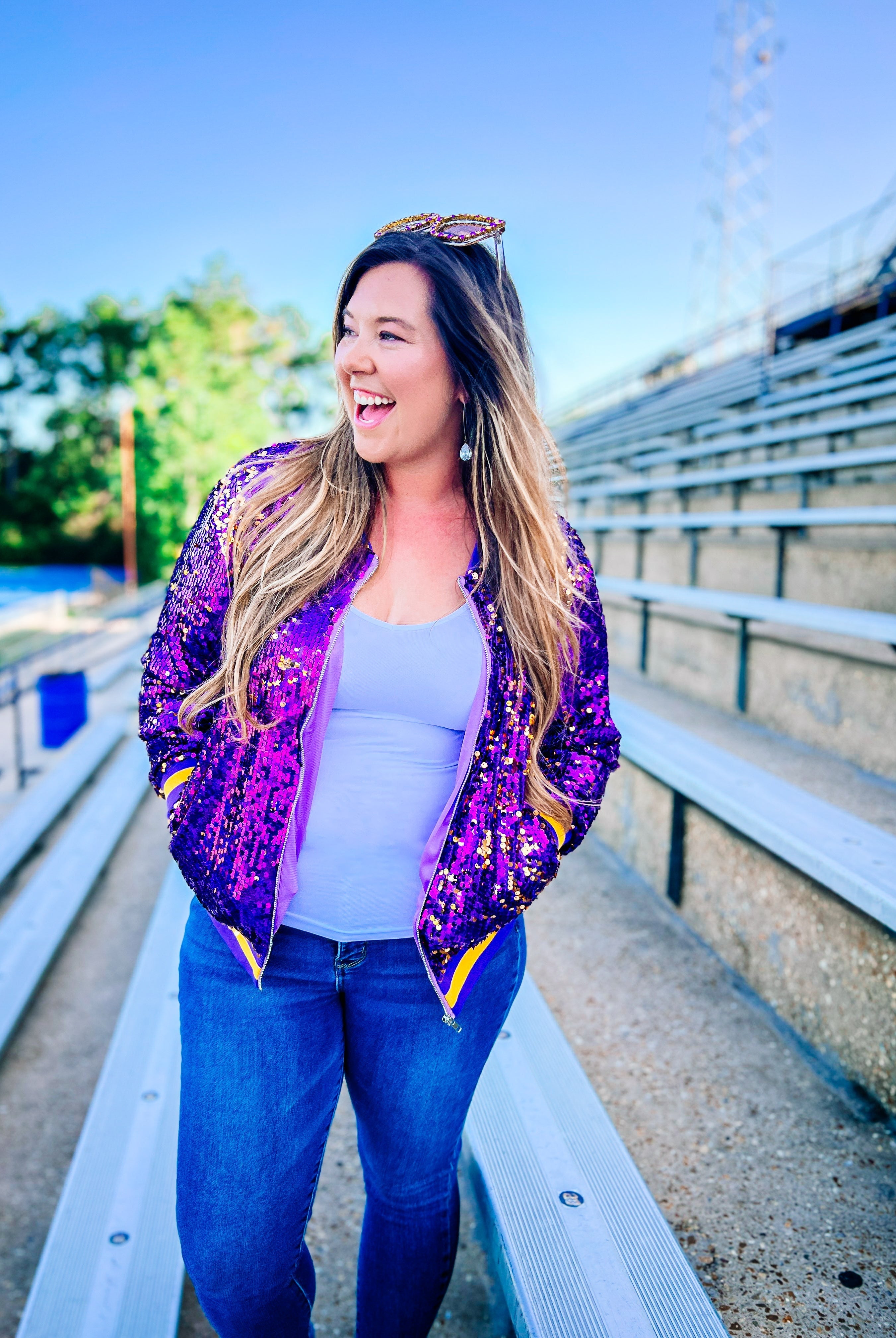 Here We Geaux Sequin Bomber Jacket-Jackets-Dear Me Southern Boutique, located in DeRidder, Louisiana