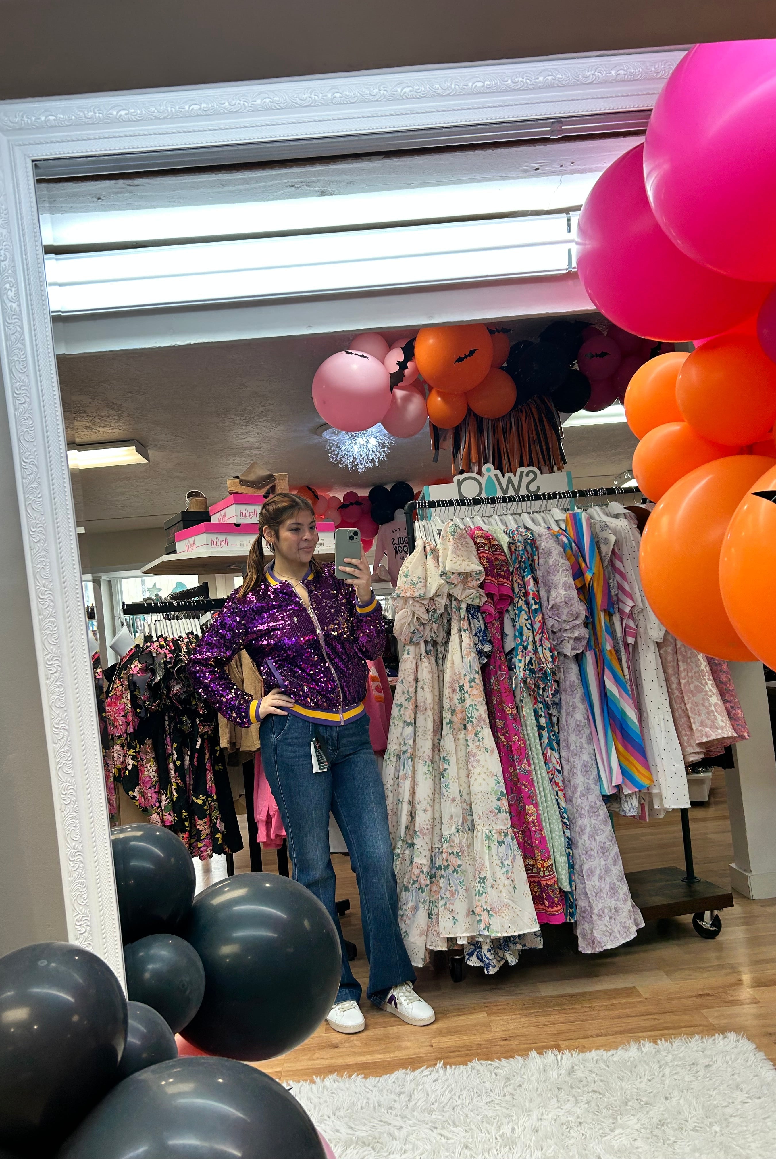 Here We Geaux Sequin Bomber Jacket-Jackets-Dear Me Southern Boutique, located in DeRidder, Louisiana