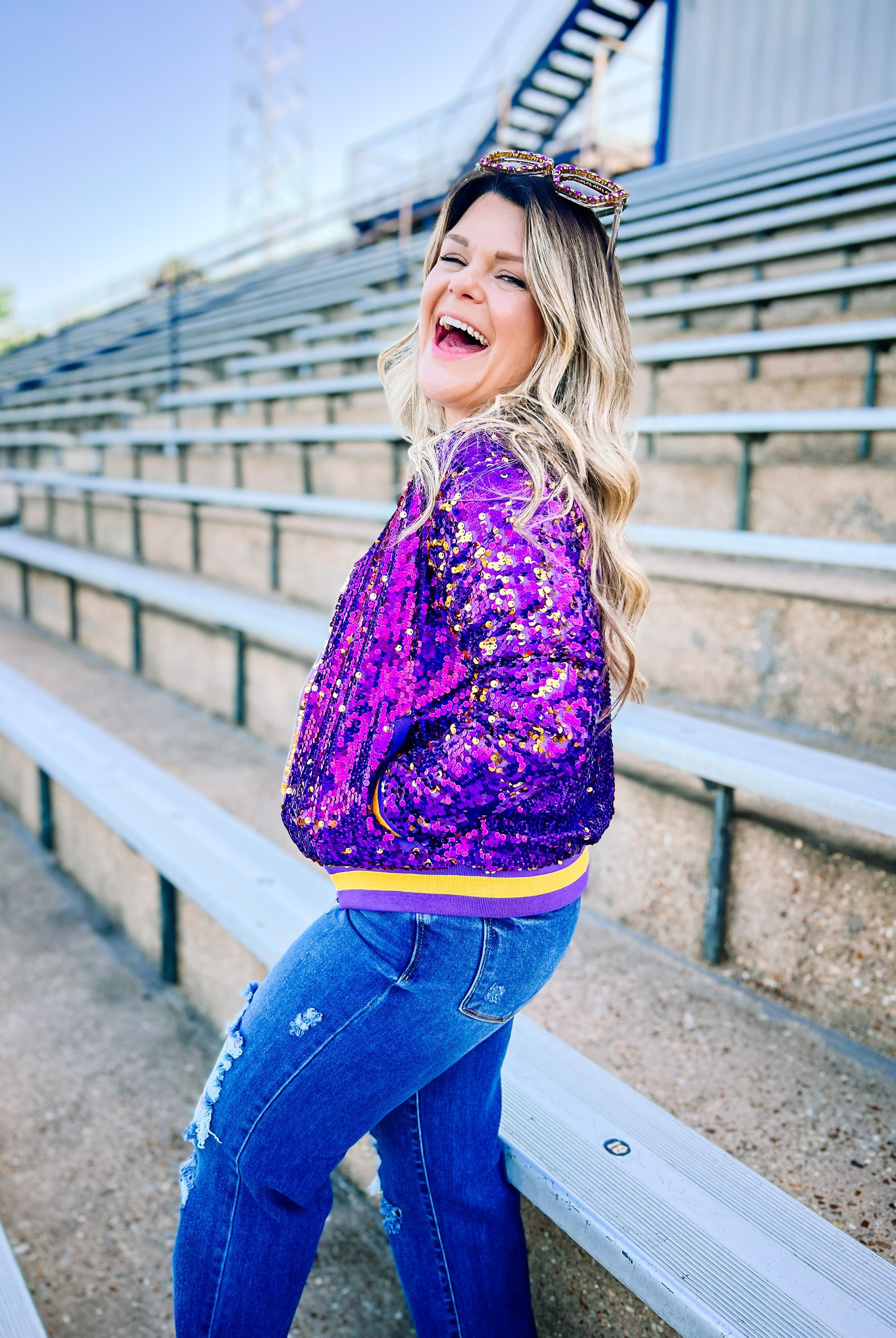 Here We Geaux Sequin Bomber Jacket-Jackets-Dear Me Southern Boutique, located in DeRidder, Louisiana
