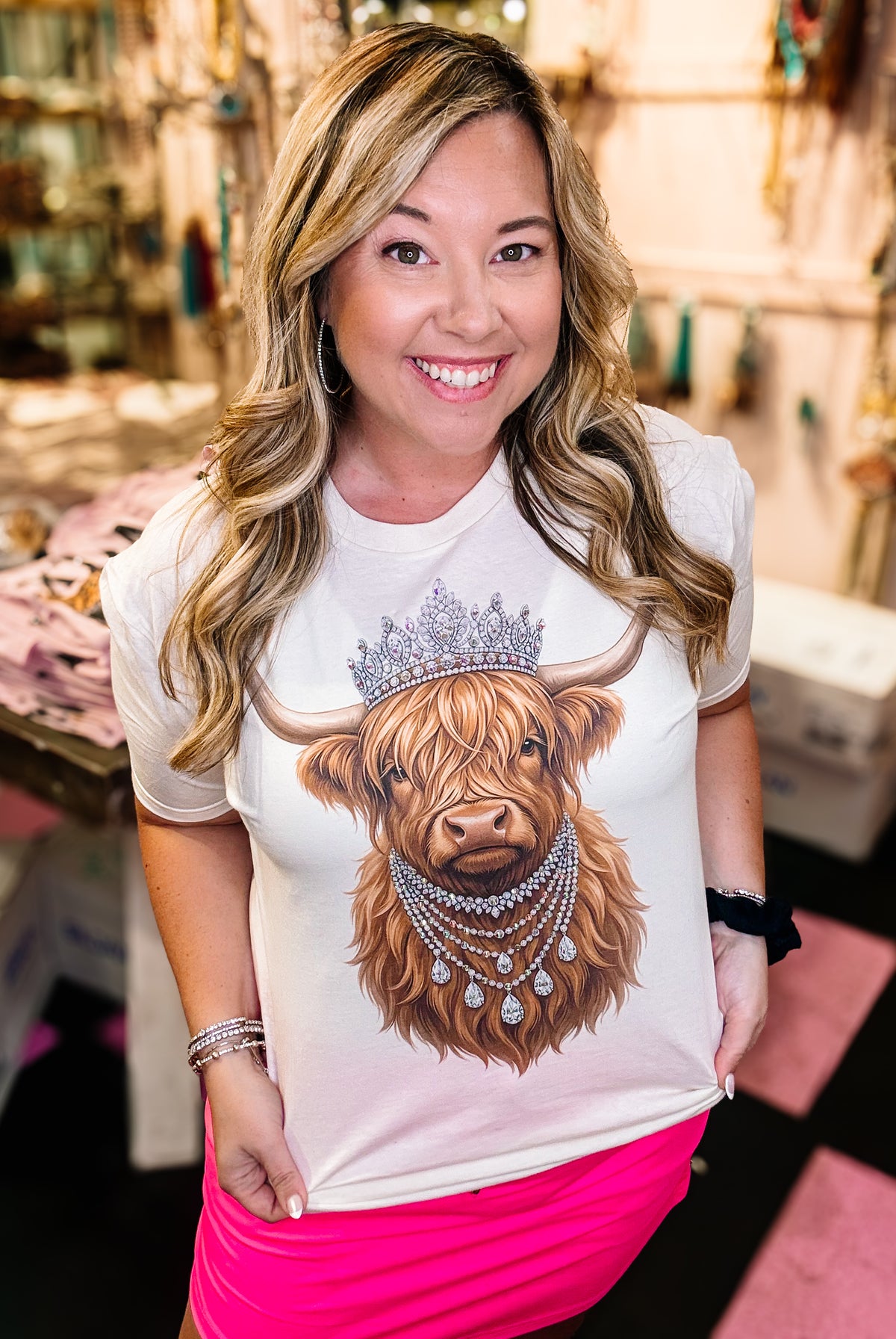 Highland Cow Princess Bougie Rhinestone Tee-Presales-Dear Me Southern Boutique, located in DeRidder, Louisiana