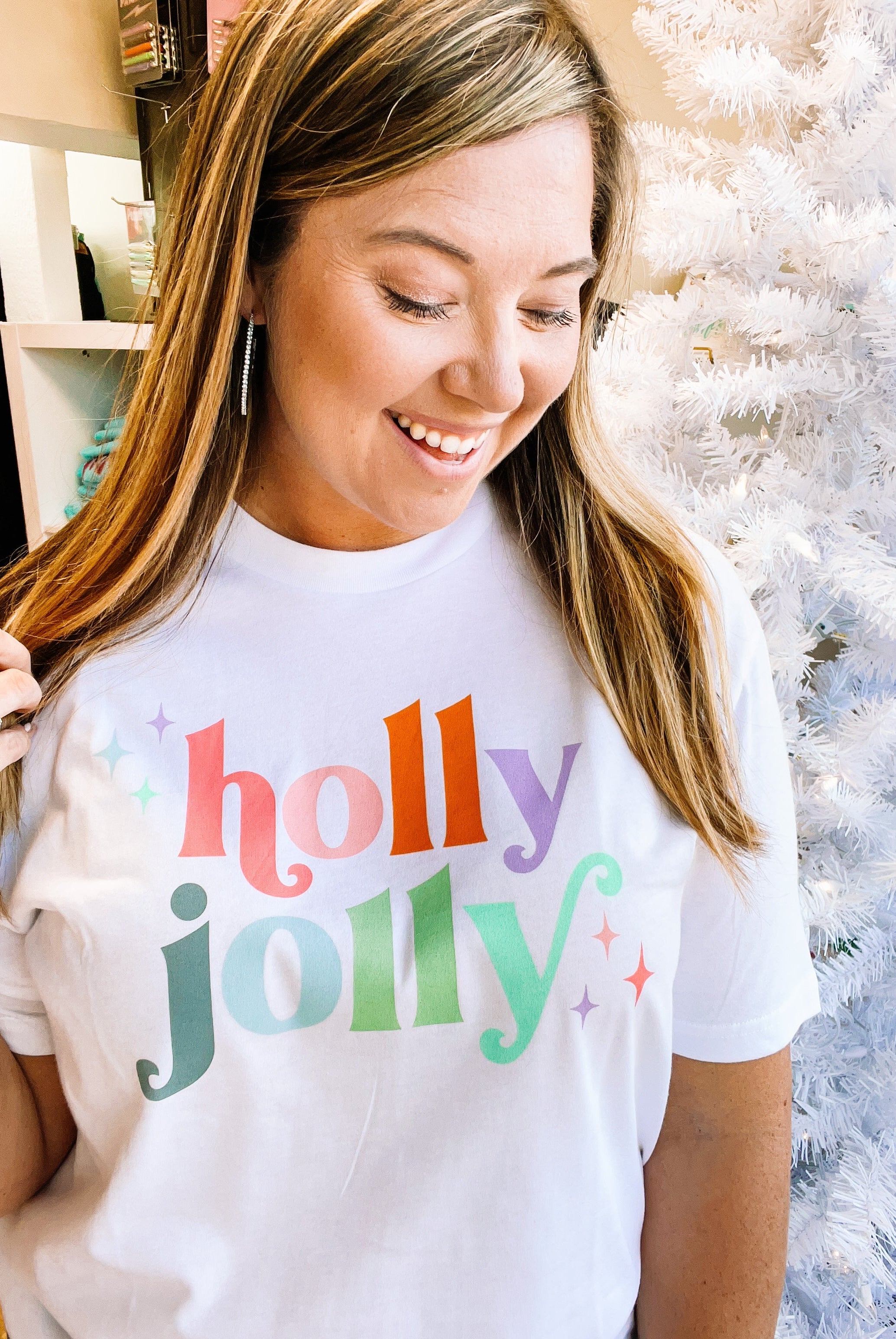 Holly Jolly Tee-Graphic Tops-Dear Me Southern Boutique, located in DeRidder, Louisiana