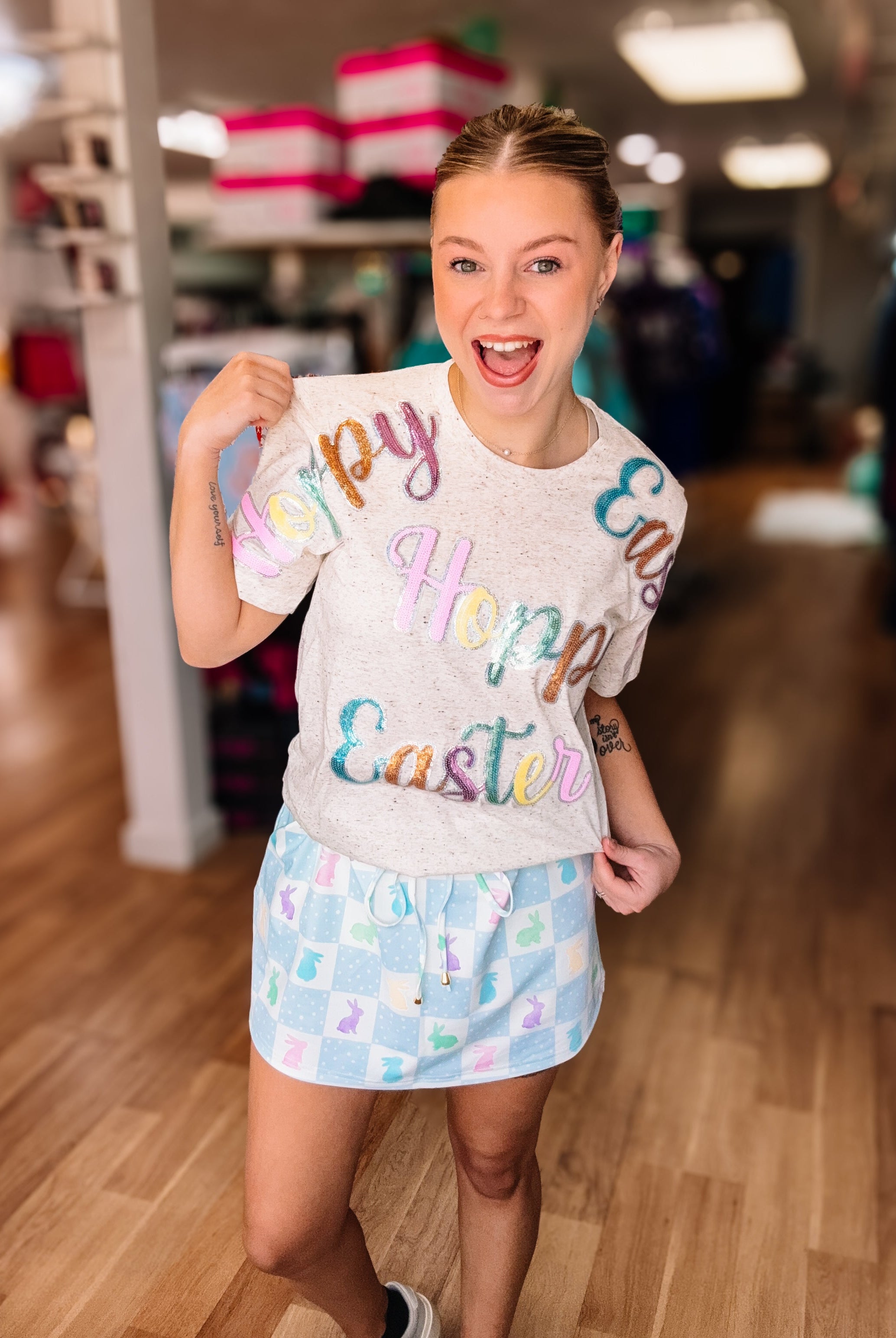 Hoppy Easter Sequin Tee-Graphic Tops-Dear Me Southern Boutique, located in DeRidder, Louisiana