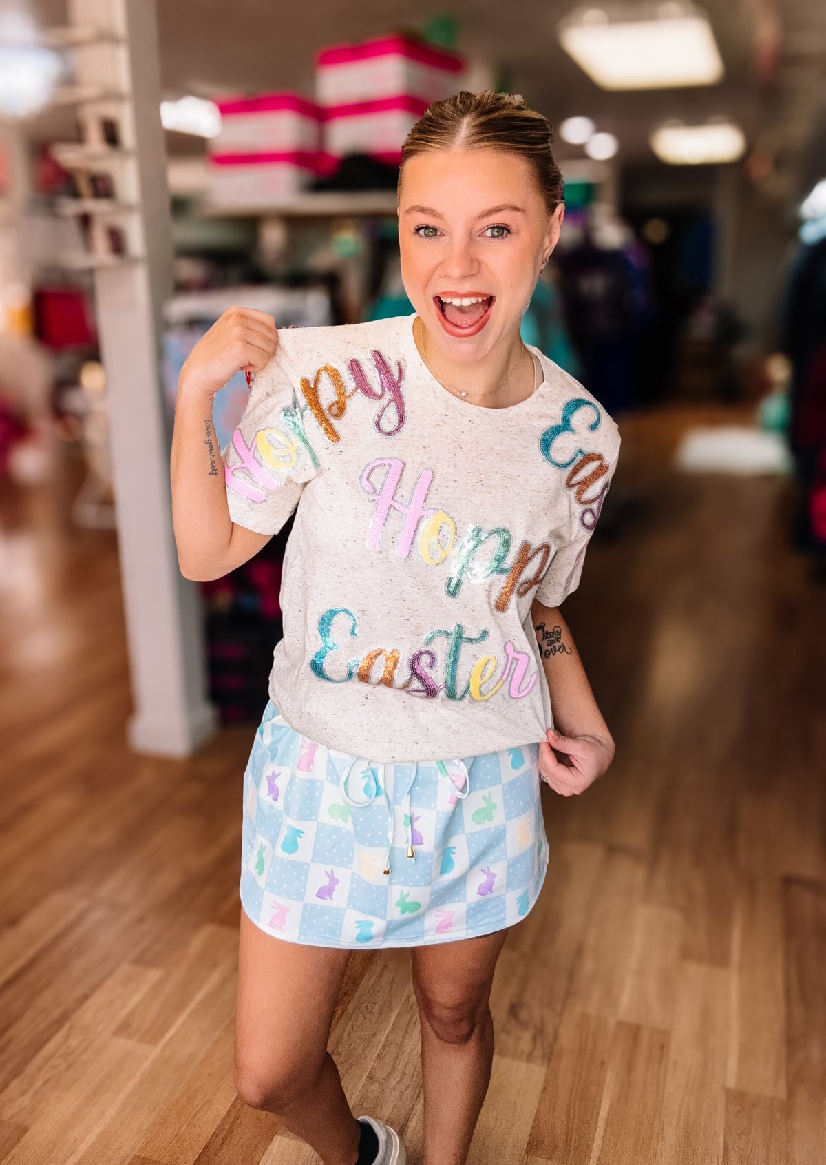 Hoppy Easter Sequin Tee-Tees-Dear Me Southern Boutique, located in DeRidder, Louisiana