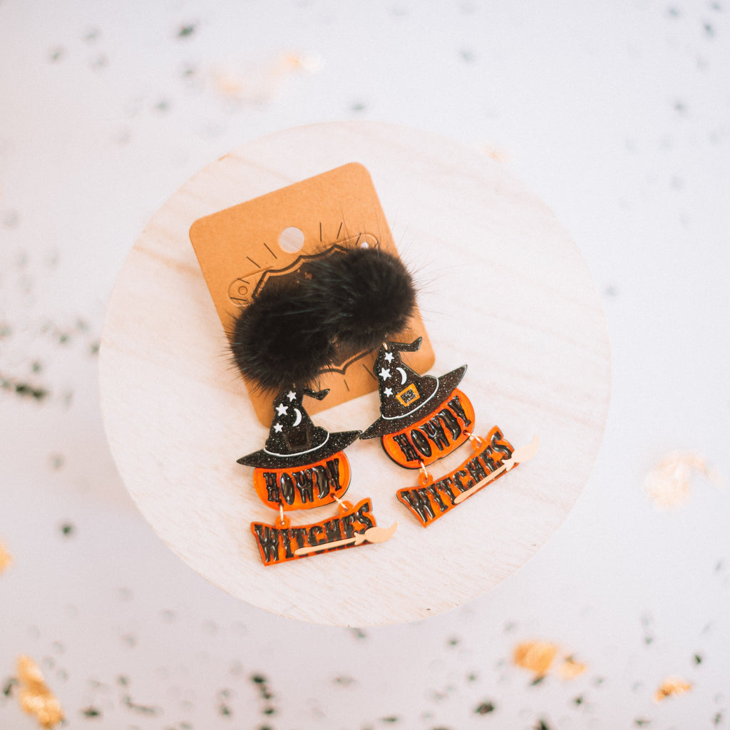 Howdy Witches Pom Earrings-Earrings-Dear Me Southern Boutique, located in DeRidder, Louisiana