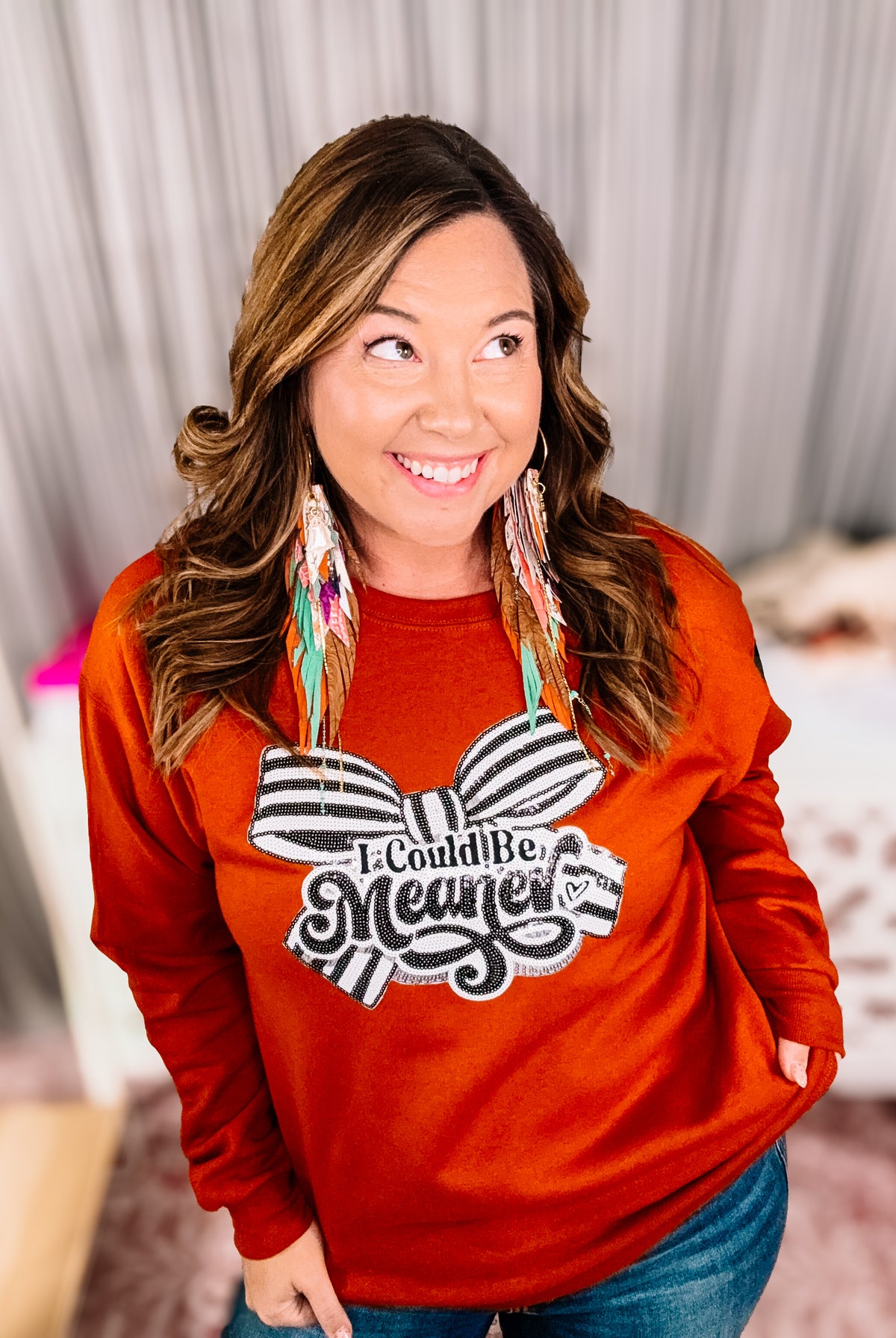 I Could Be Meaner Sequin Patch Tee/Pullover-Sweatshirts-Dear Me Southern Boutique, located in DeRidder, Louisiana