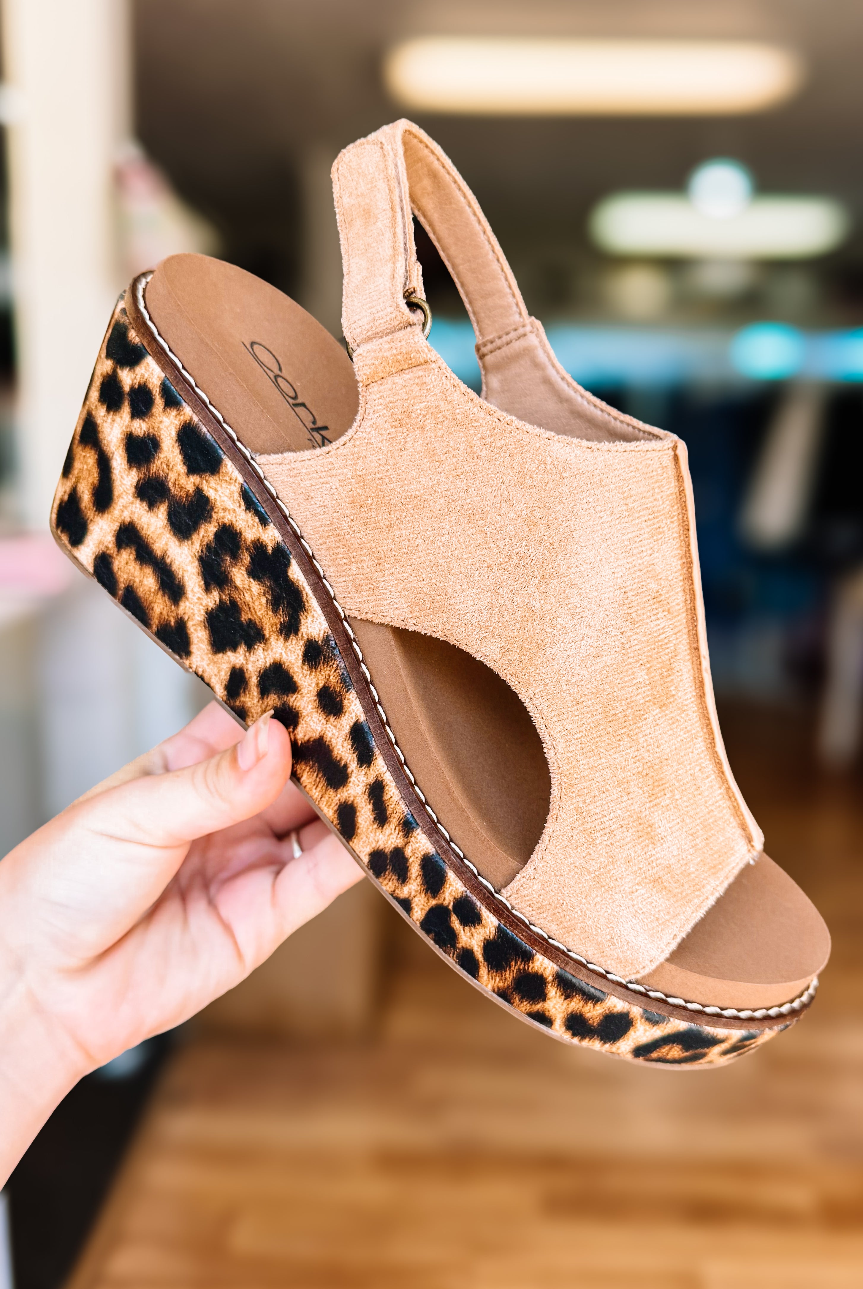 Corkys Carley Wedges - Camel Leopard Combo-Sandals-Dear Me Southern Boutique, located in DeRidder, Louisiana