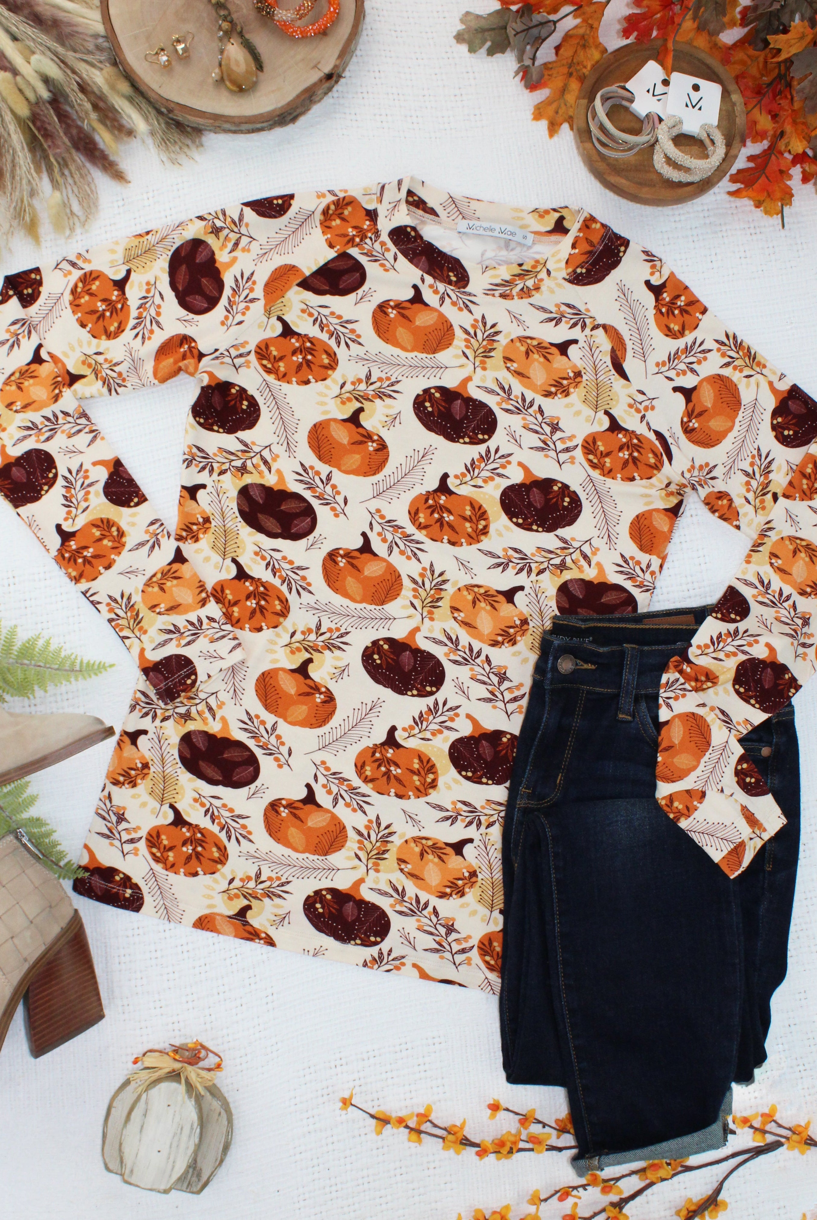 IN STOCK Blair Long Sleeve Top - Autumn Gourds-Tops-Dear Me Southern Boutique, located in DeRidder, Louisiana