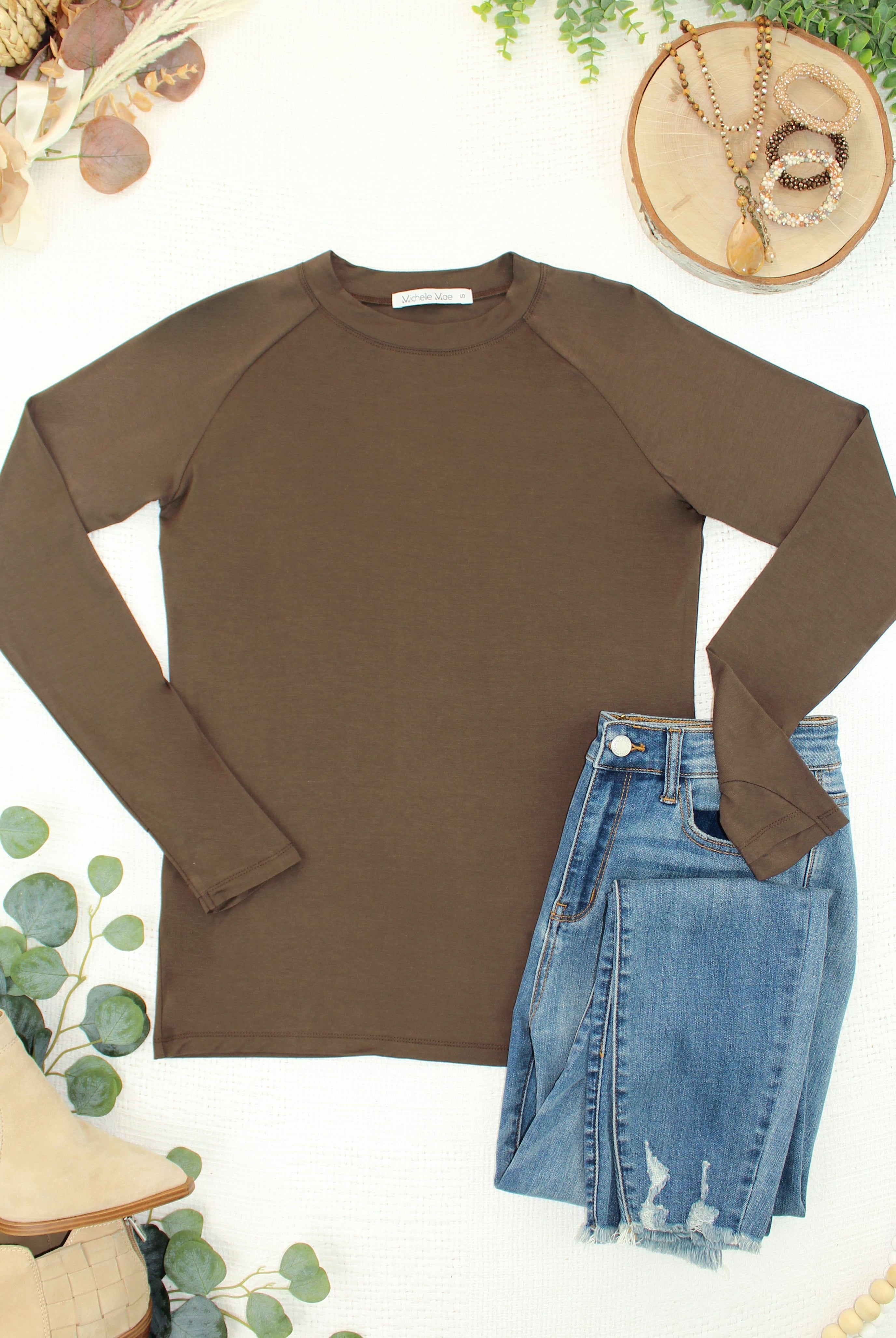 IN STOCK Blair Long Sleeve Top - Brown-Tops-Dear Me Southern Boutique, located in DeRidder, Louisiana