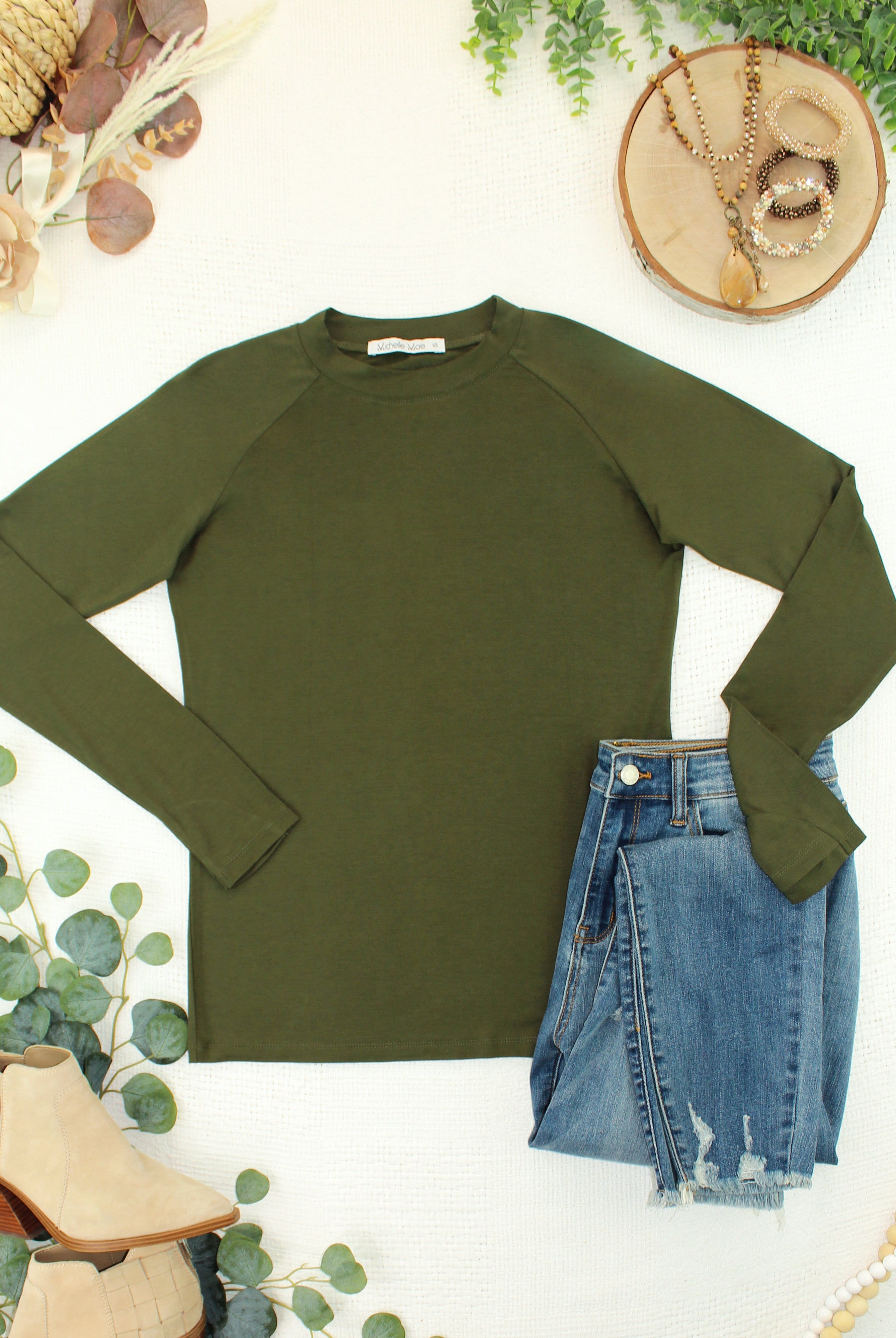 IN STOCK Blair Long Sleeve Top - Dark Olive-Tops-Dear Me Southern Boutique, located in DeRidder, Louisiana