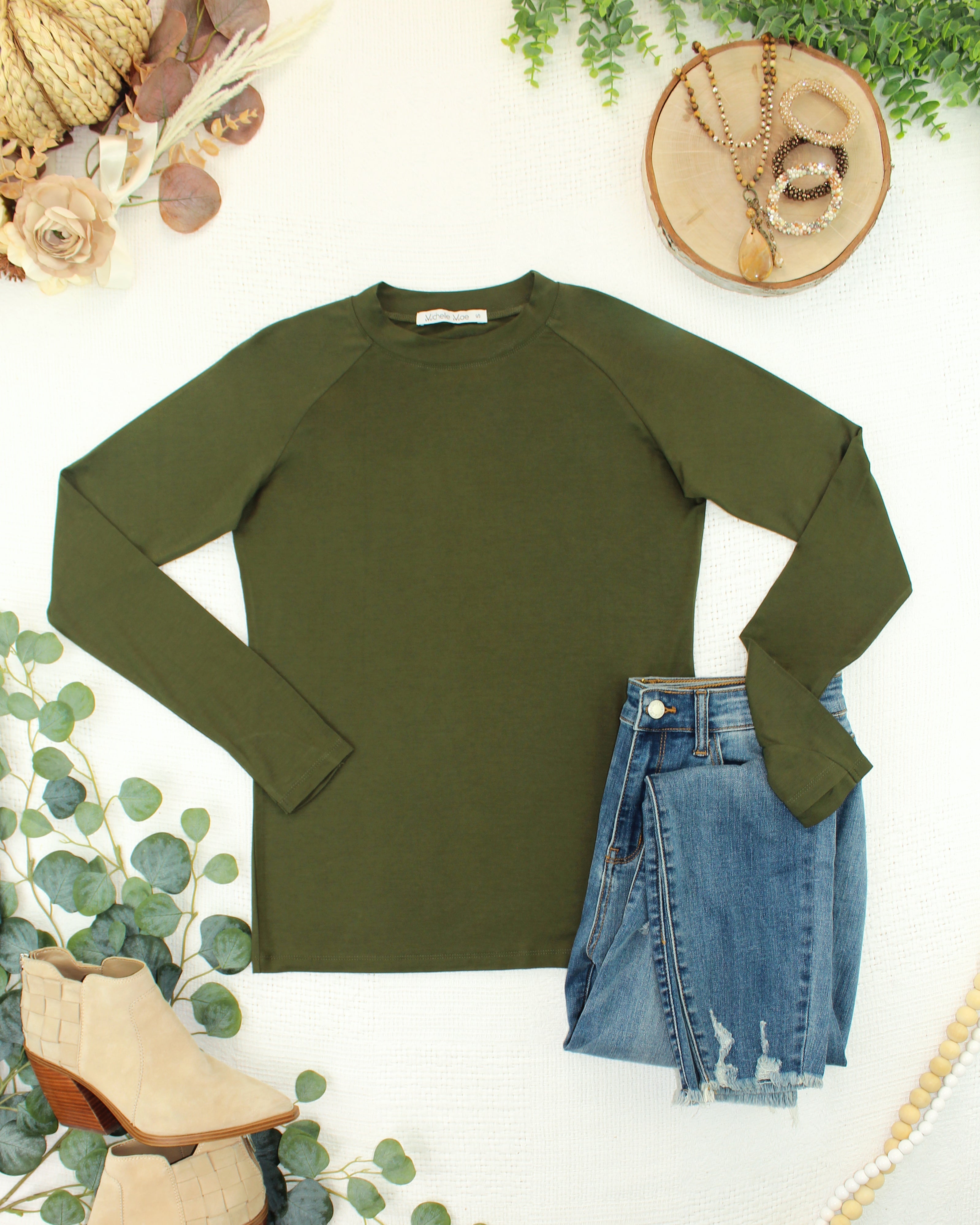 IN STOCK Blair Long Sleeve Top - Dark Olive-Tops-Dear Me Southern Boutique, located in DeRidder, Louisiana