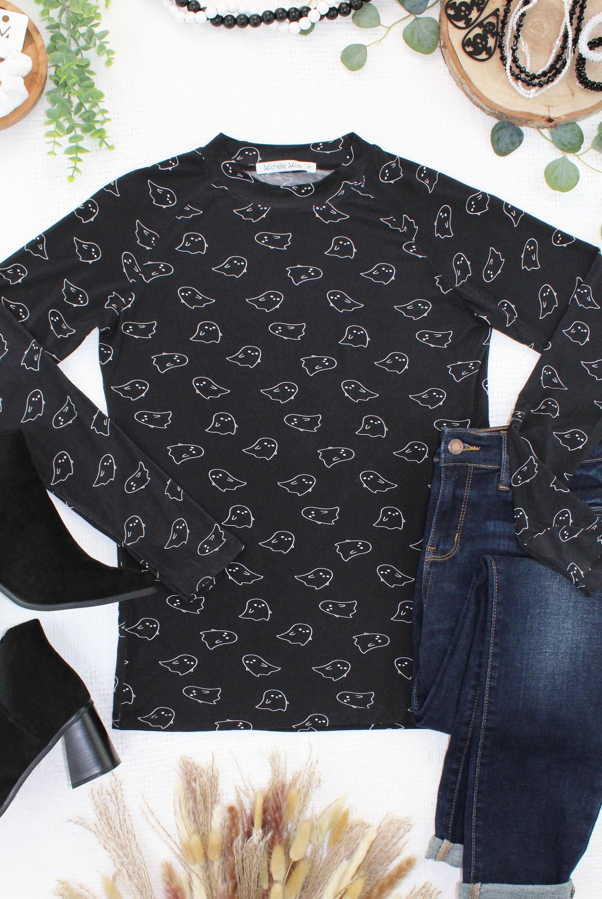 IN STOCK Blair Long Sleeve Top - Midnight Ghosts-Tops-Dear Me Southern Boutique, located in DeRidder, Louisiana