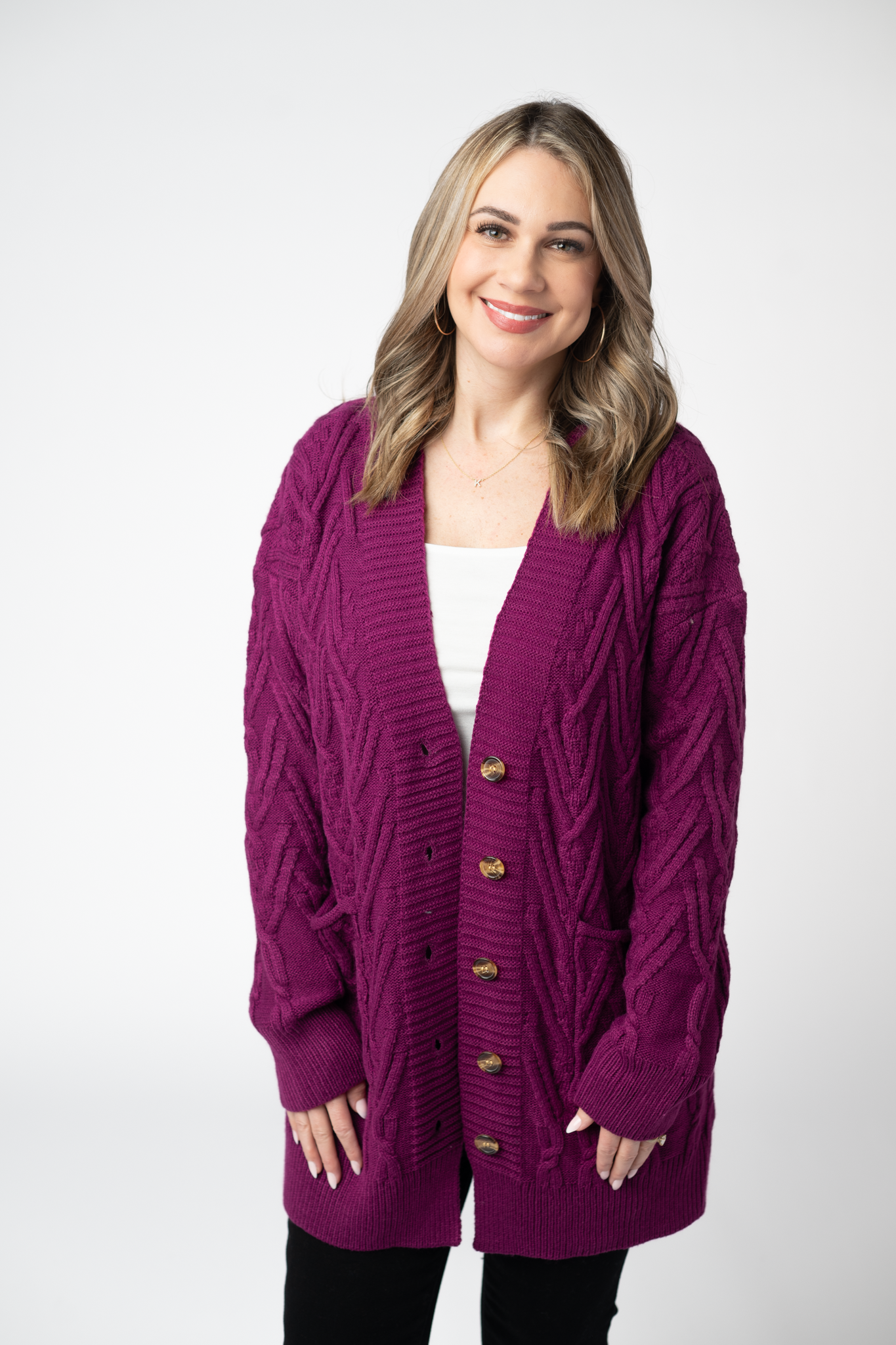 IN STOCK Brooks Button Sweater Cardigan - Magenta-Cardigan-Dear Me Southern Boutique, located in DeRidder, Louisiana