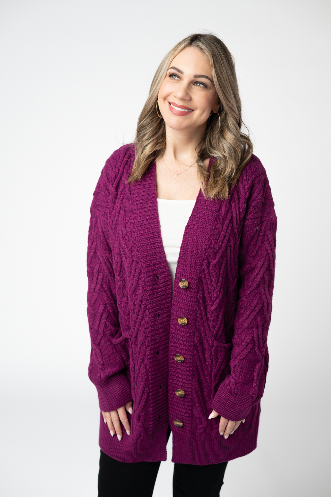 IN STOCK Brooks Button Sweater Cardigan - Magenta-Cardigan-Dear Me Southern Boutique, located in DeRidder, Louisiana