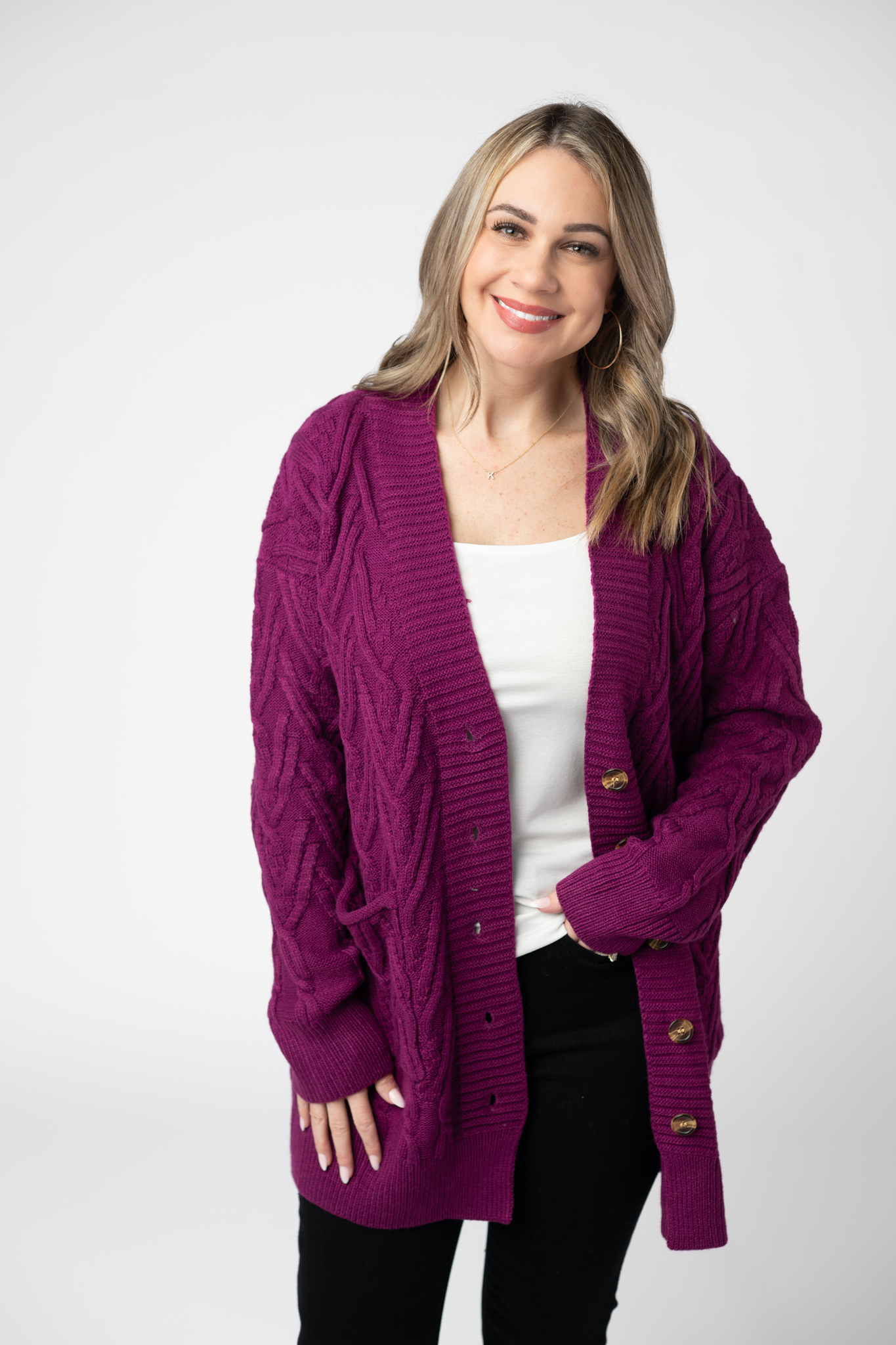 IN STOCK Brooks Button Sweater Cardigan - Magenta-Cardigan-Dear Me Southern Boutique, located in DeRidder, Louisiana