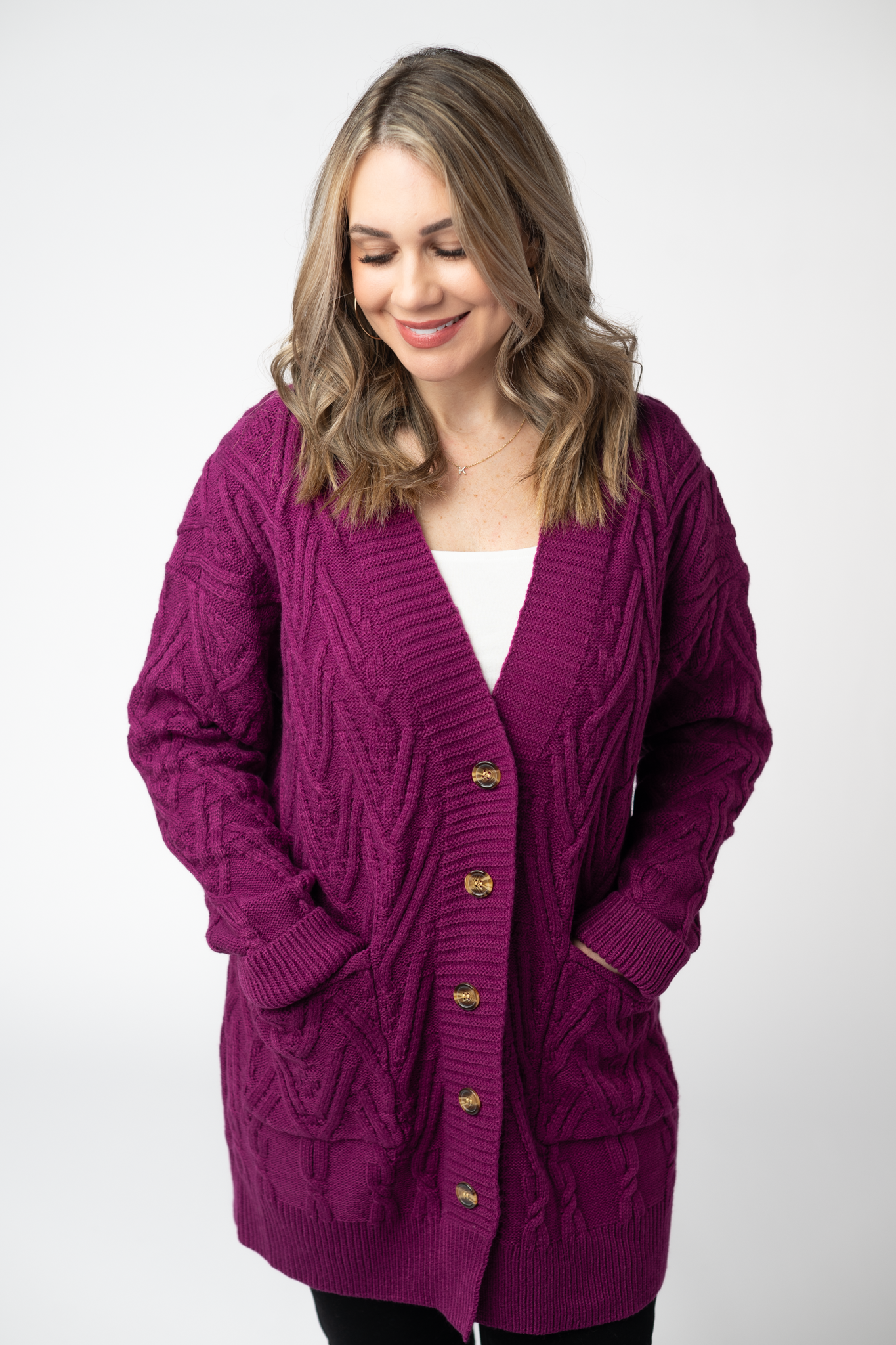 IN STOCK Brooks Button Sweater Cardigan - Magenta-Cardigan-Dear Me Southern Boutique, located in DeRidder, Louisiana