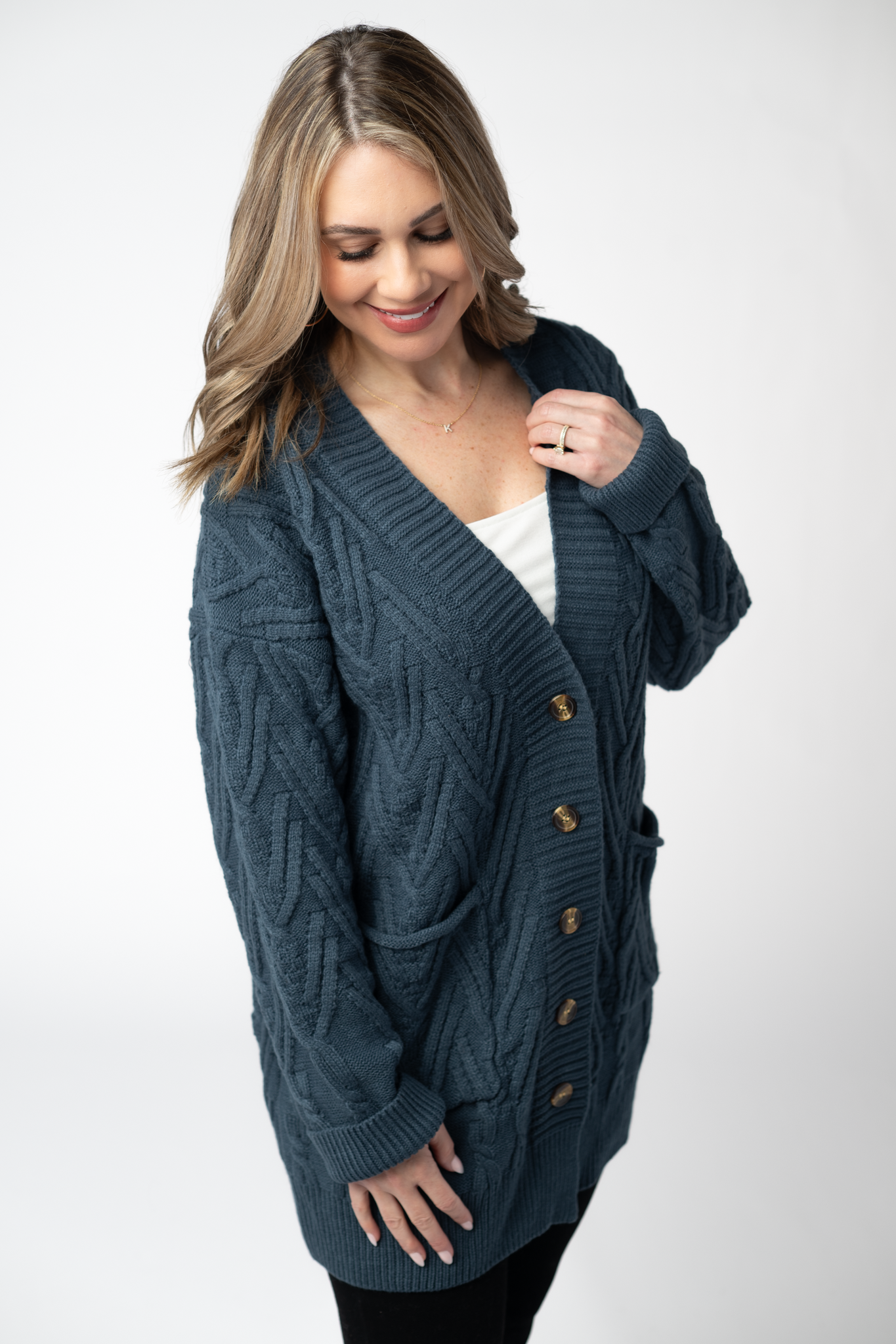 IN STOCK Brooks Button Sweater Cardigan - Navy-Cardigan-Dear Me Southern Boutique, located in DeRidder, Louisiana