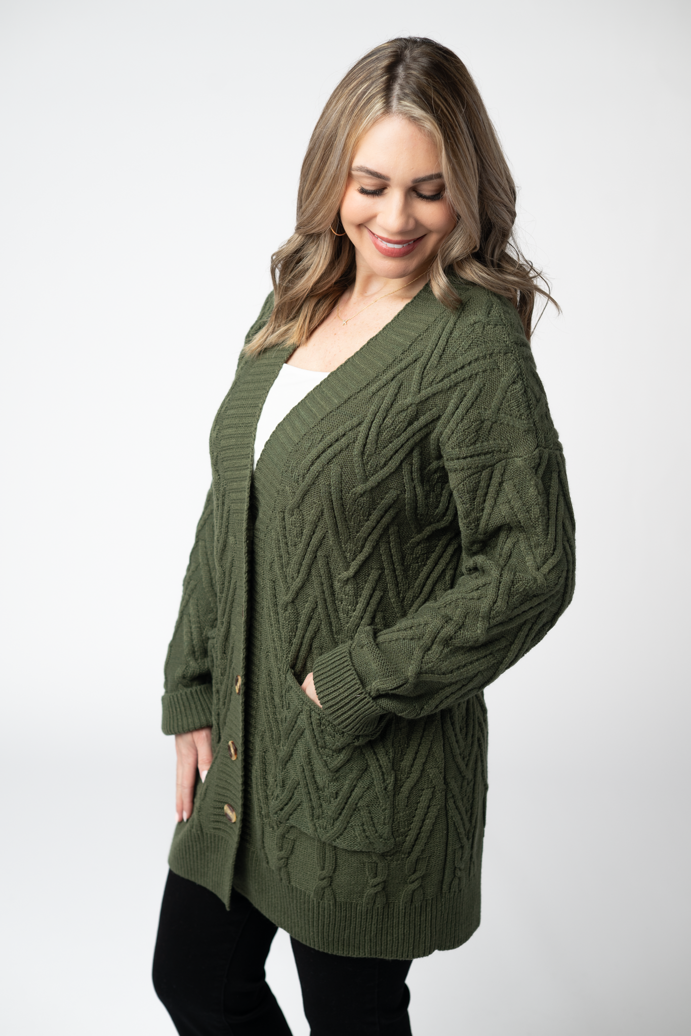 IN STOCK Brooks Button Sweater Cardigan - Olive-Cardigan-Dear Me Southern Boutique, located in DeRidder, Louisiana