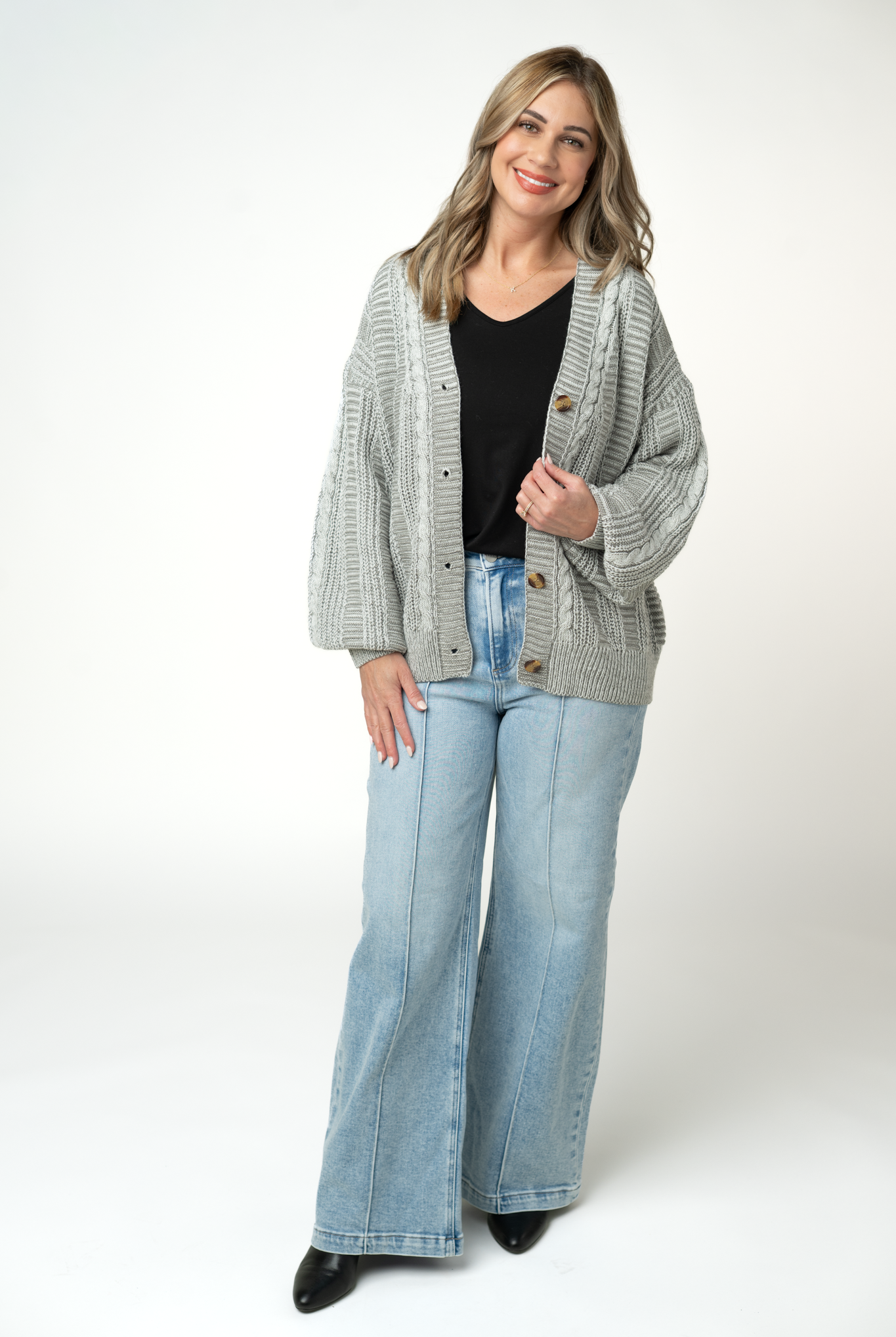 IN STOCK Cable Cardigan - Grey-Cardigan-Dear Me Southern Boutique, located in DeRidder, Louisiana