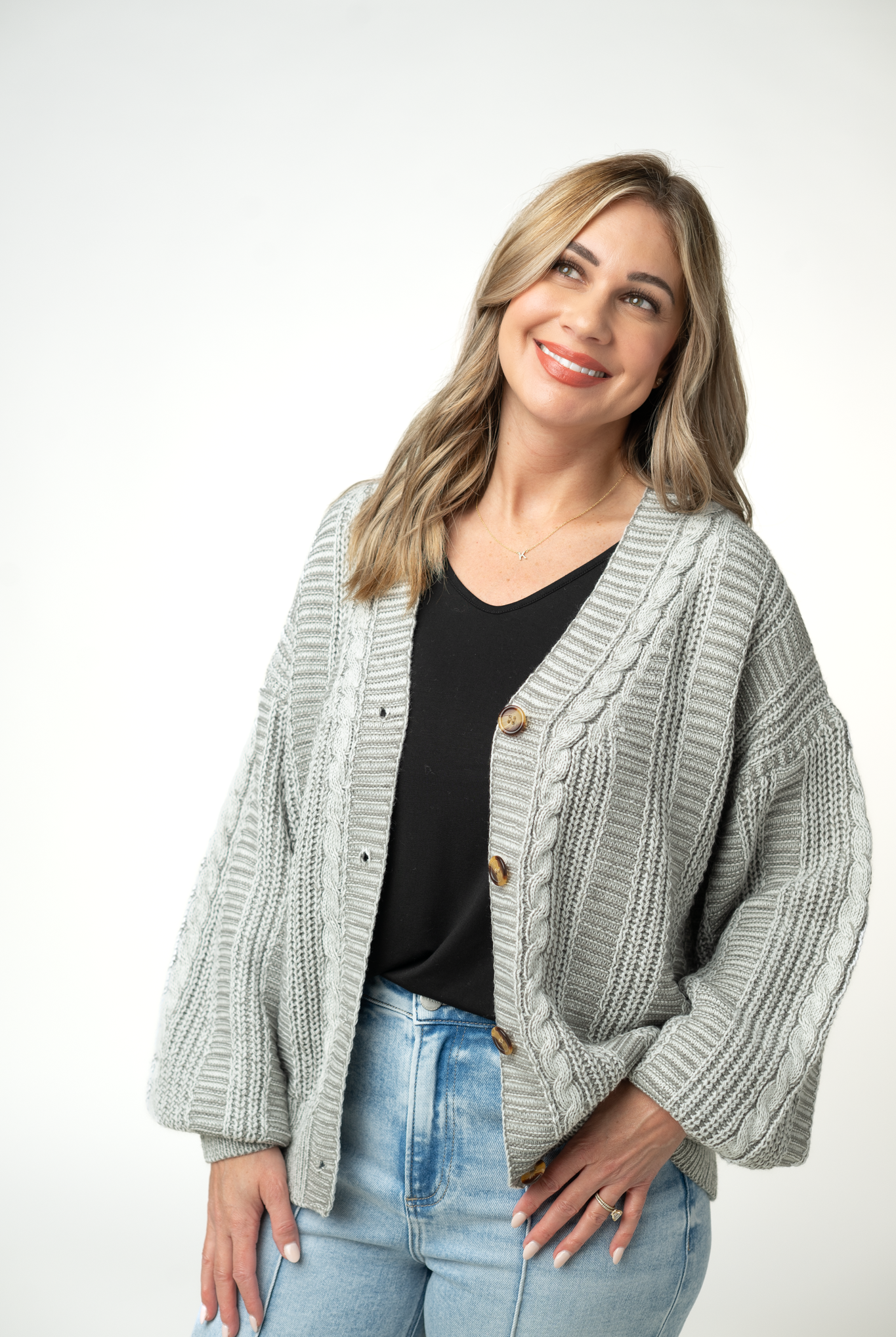 IN STOCK Cable Cardigan - Grey-Cardigan-Dear Me Southern Boutique, located in DeRidder, Louisiana