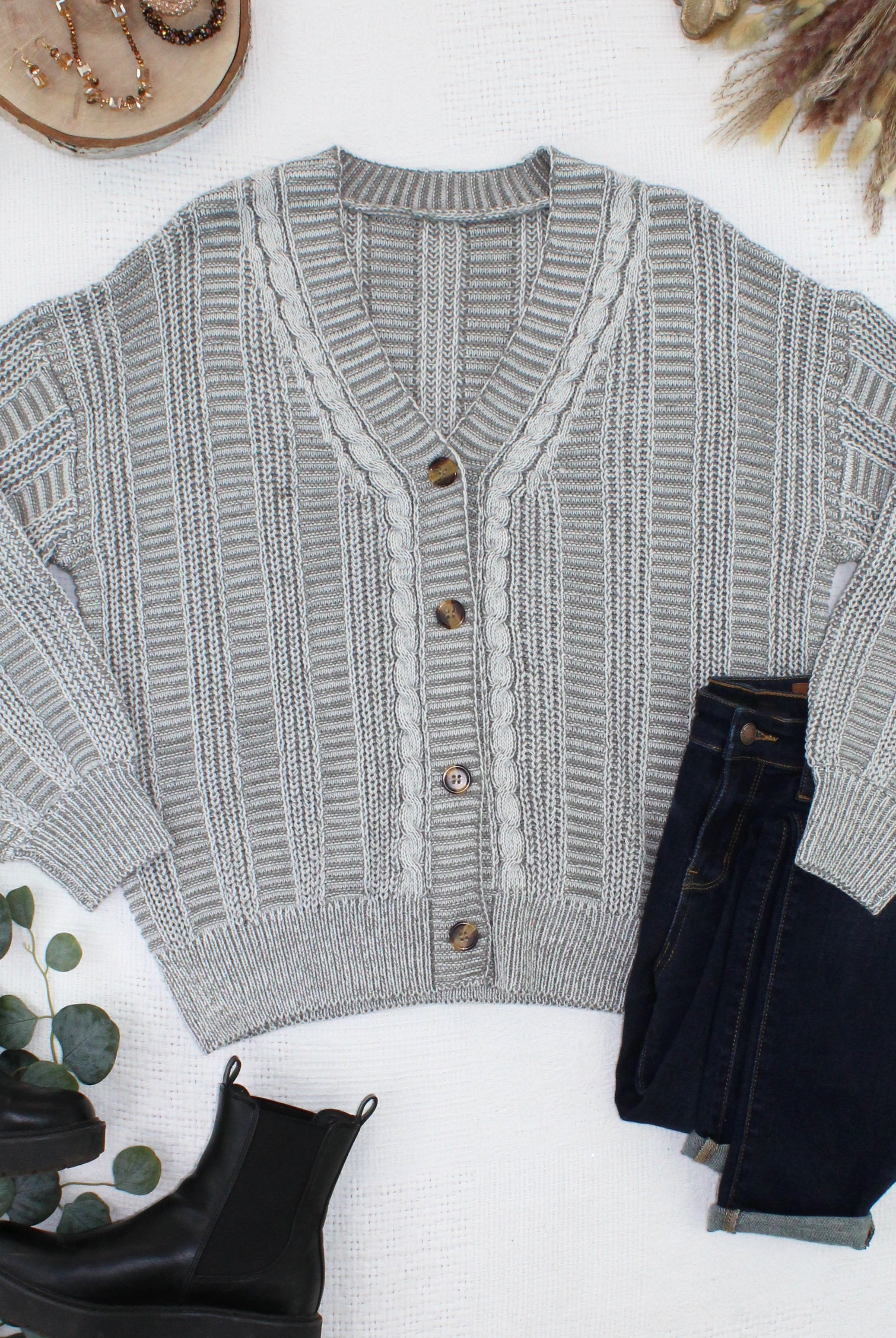IN STOCK Cable Cardigan - Grey-Cardigan-Dear Me Southern Boutique, located in DeRidder, Louisiana