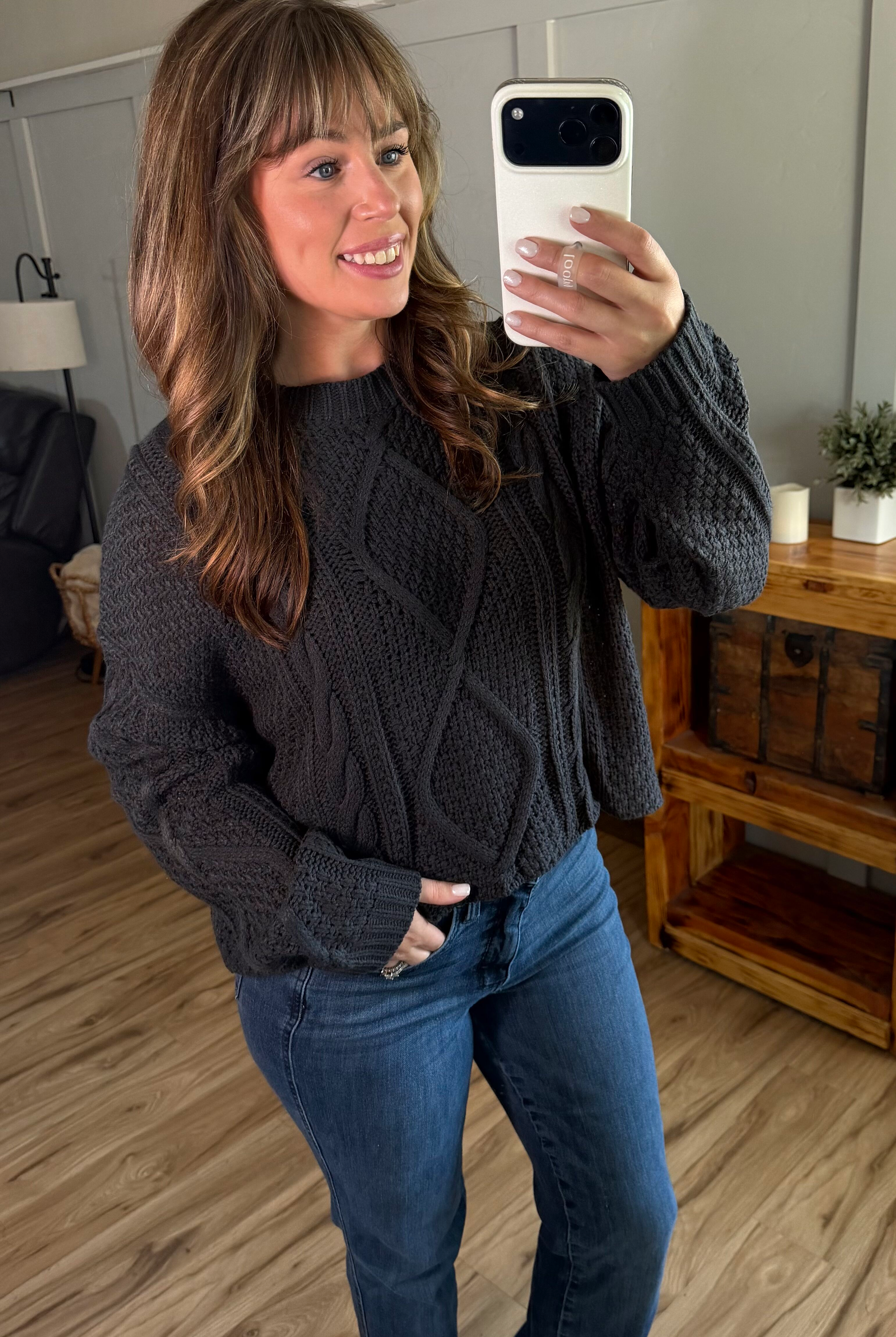 IN STOCK Cable Knit Sweater - Charcoal-sweater-Dear Me Southern Boutique, located in DeRidder, Louisiana