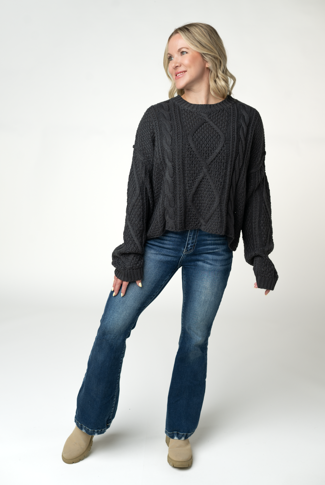 IN STOCK Cable Knit Sweater - Charcoal-sweater-Dear Me Southern Boutique, located in DeRidder, Louisiana
