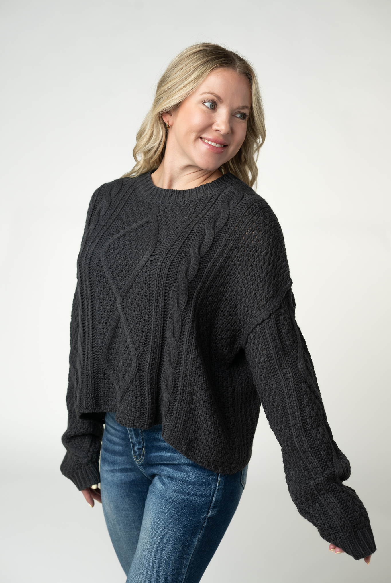 IN STOCK Cable Knit Sweater - Charcoal-sweater-Dear Me Southern Boutique, located in DeRidder, Louisiana