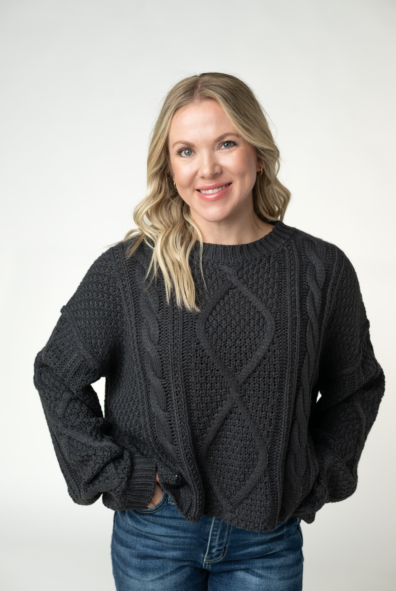 IN STOCK Cable Knit Sweater - Charcoal-sweater-Dear Me Southern Boutique, located in DeRidder, Louisiana