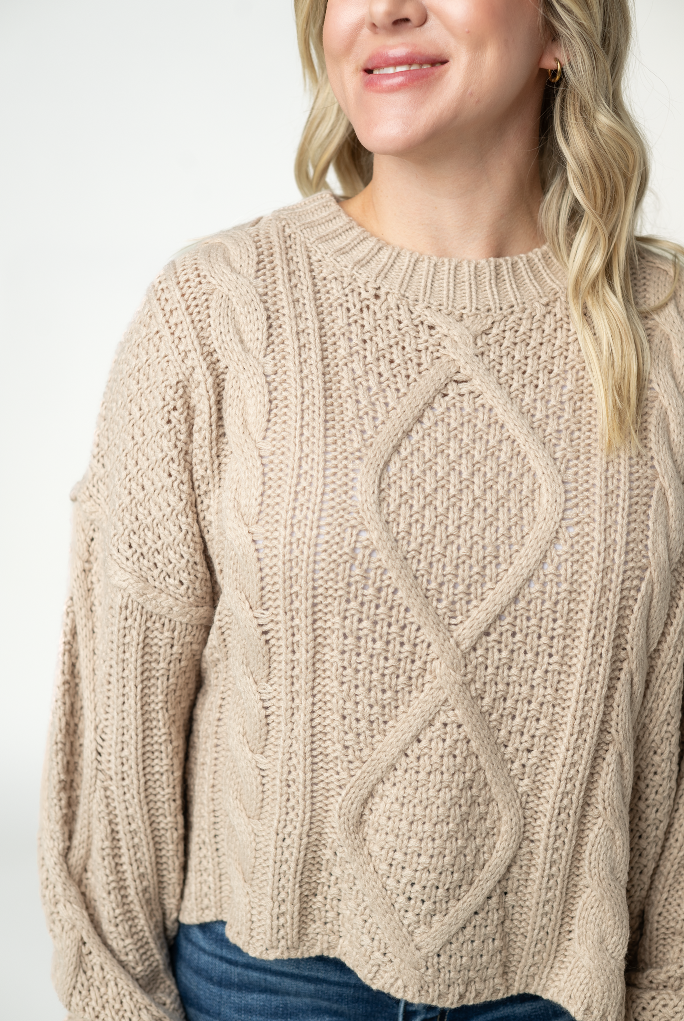 IN STOCK Cable Knit Sweater - Latte-sweater-Dear Me Southern Boutique, located in DeRidder, Louisiana