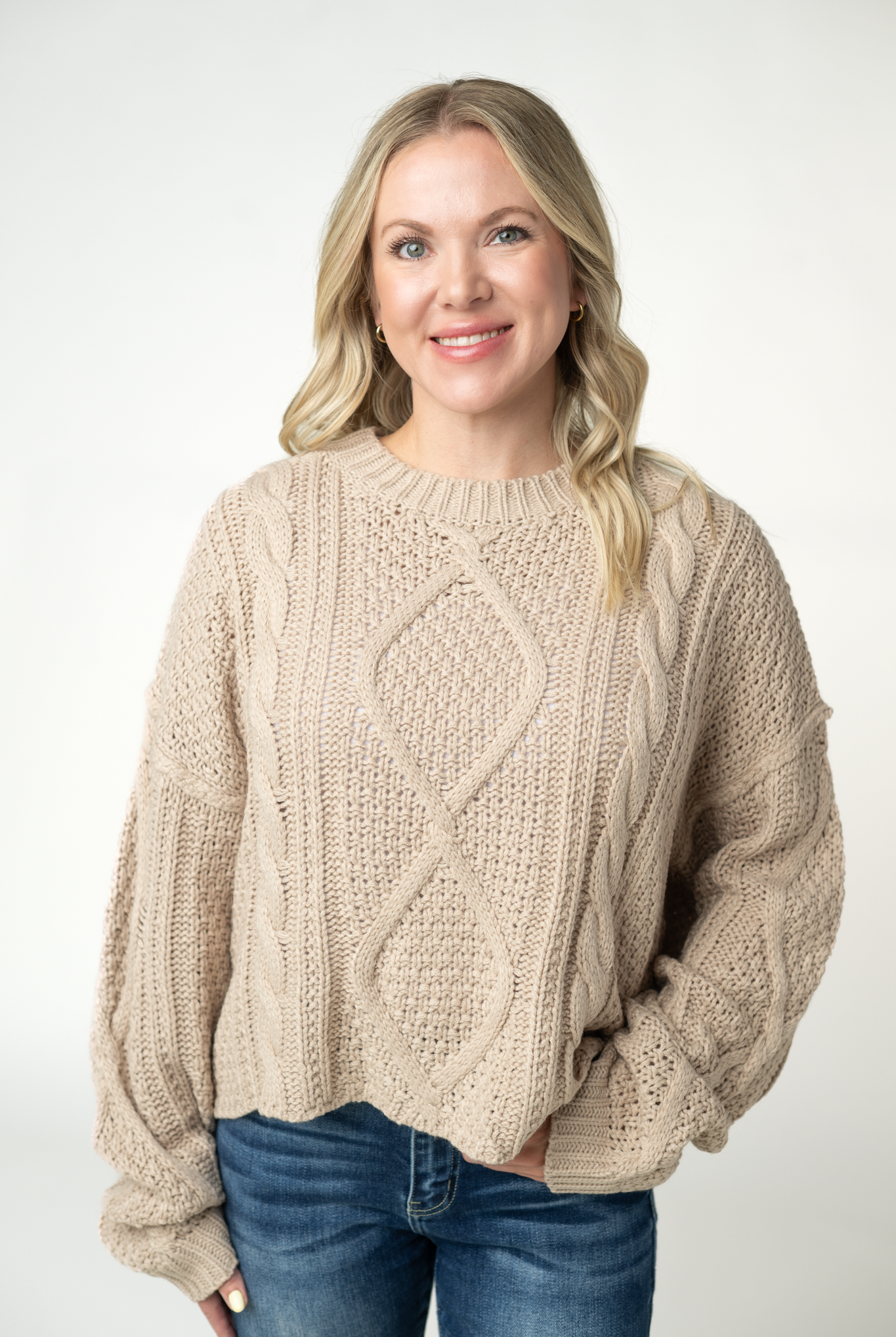 IN STOCK Cable Knit Sweater - Latte-sweater-Dear Me Southern Boutique, located in DeRidder, Louisiana