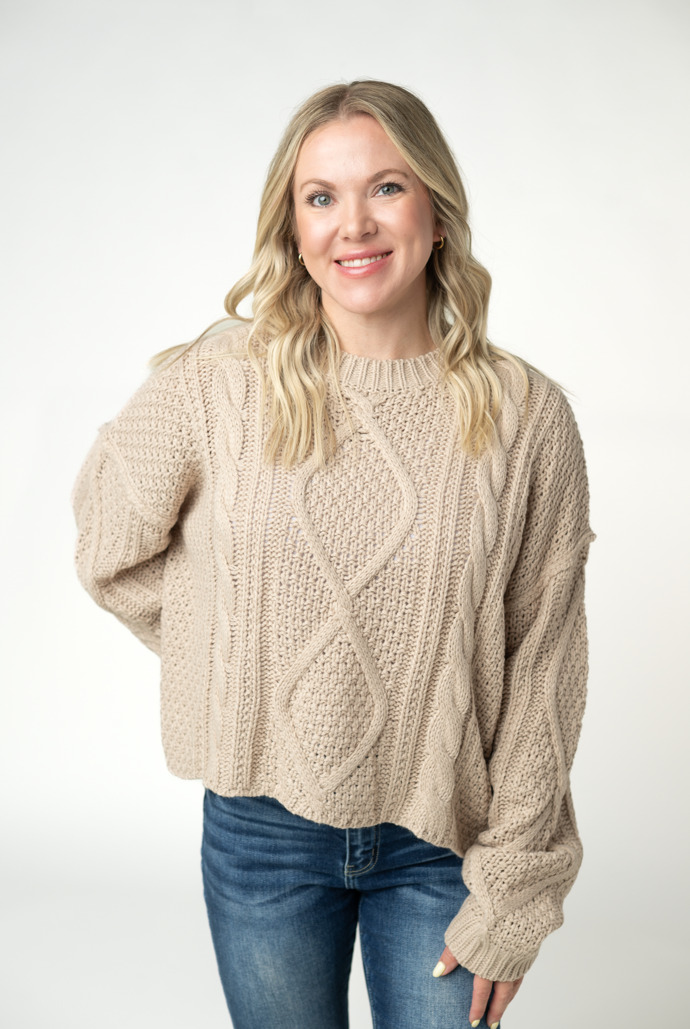 IN STOCK Cable Knit Sweater - Latte-sweater-Dear Me Southern Boutique, located in DeRidder, Louisiana
