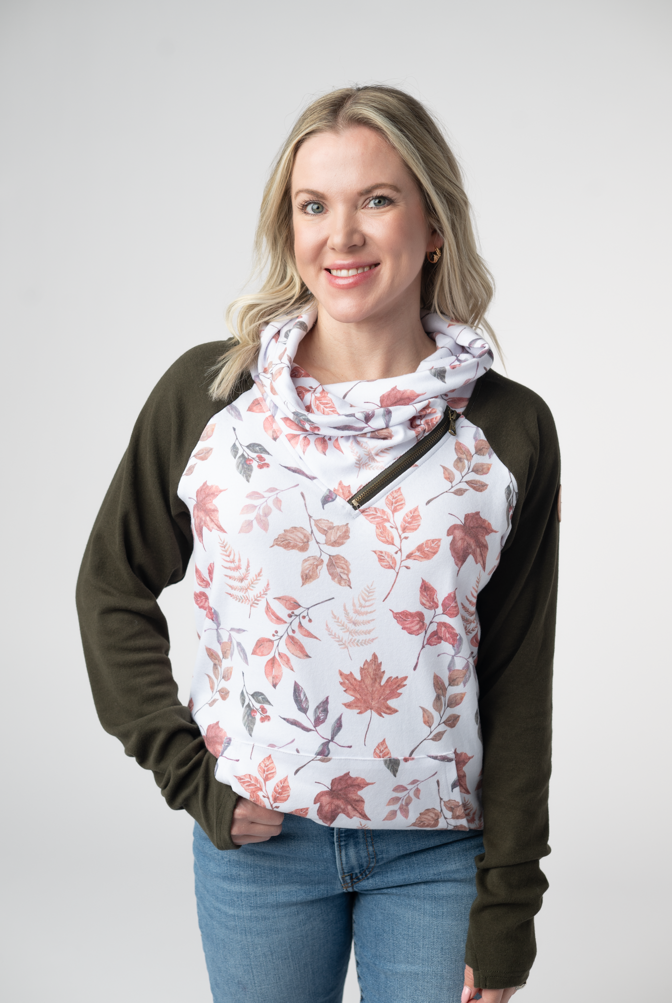 IN STOCK Classic Zoey ZipCowl Sweatshirt - Autumn Leaves and Olive-Pullover-Dear Me Southern Boutique, located in DeRidder, Louisiana