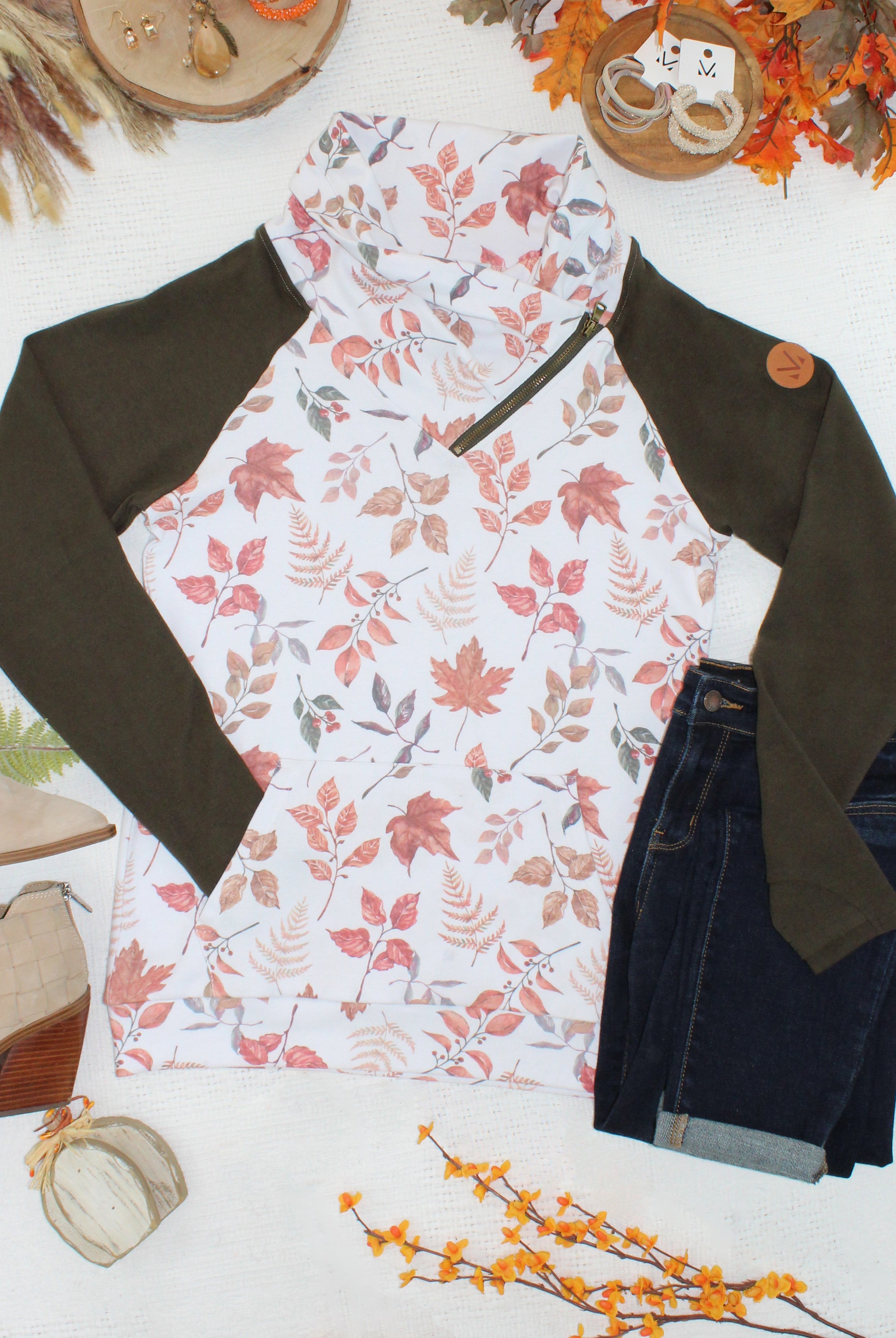 IN STOCK Classic Zoey ZipCowl Sweatshirt - Autumn Leaves and Olive-Pullover-Dear Me Southern Boutique, located in DeRidder, Louisiana