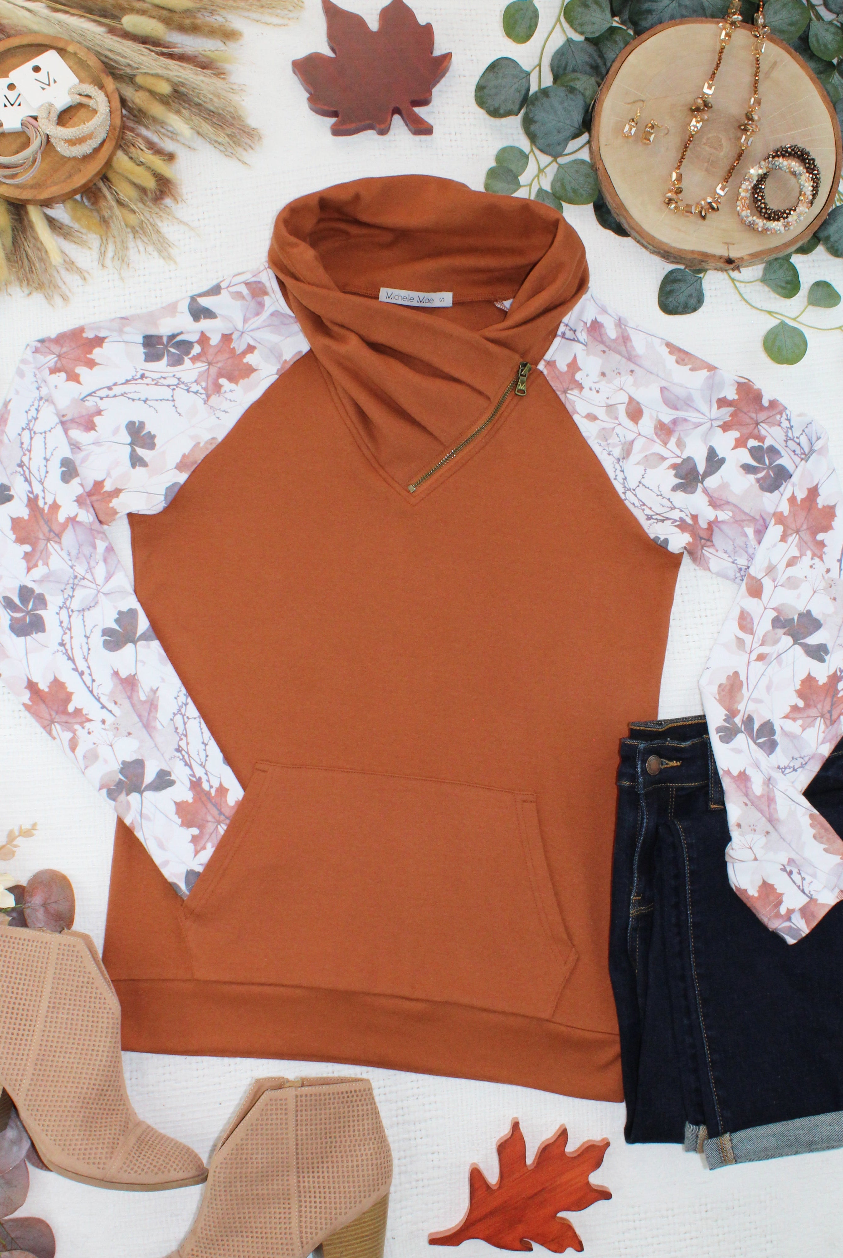 IN STOCK Classic Zoey ZipCowl Sweatshirt - Maple and Fall Foliage-Pullover-Dear Me Southern Boutique, located in DeRidder, Louisiana