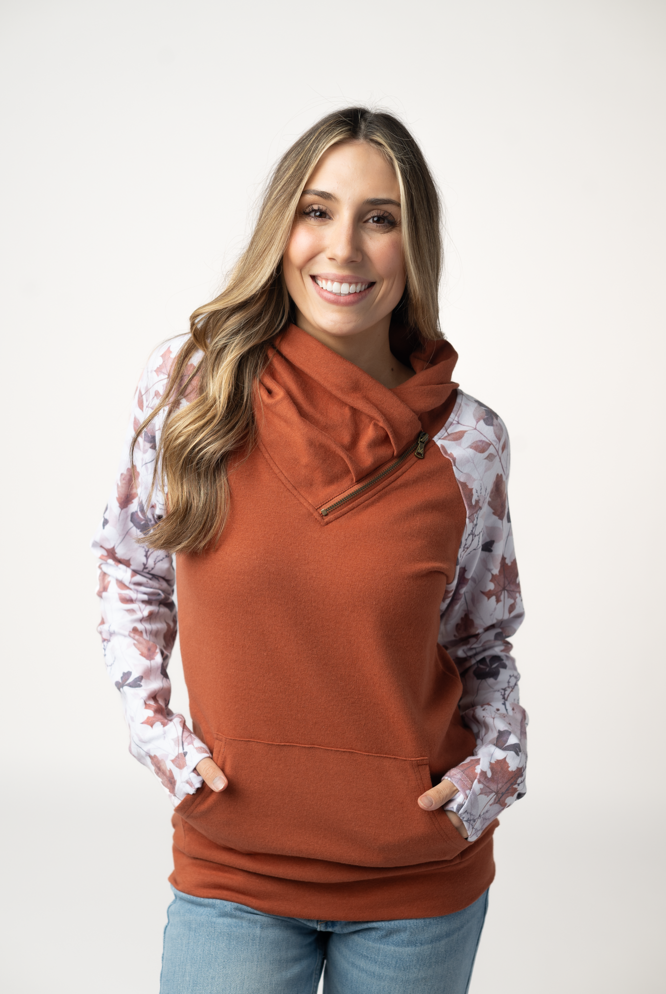 IN STOCK Classic Zoey ZipCowl Sweatshirt - Maple and Fall Foliage-Pullover-Dear Me Southern Boutique, located in DeRidder, Louisiana