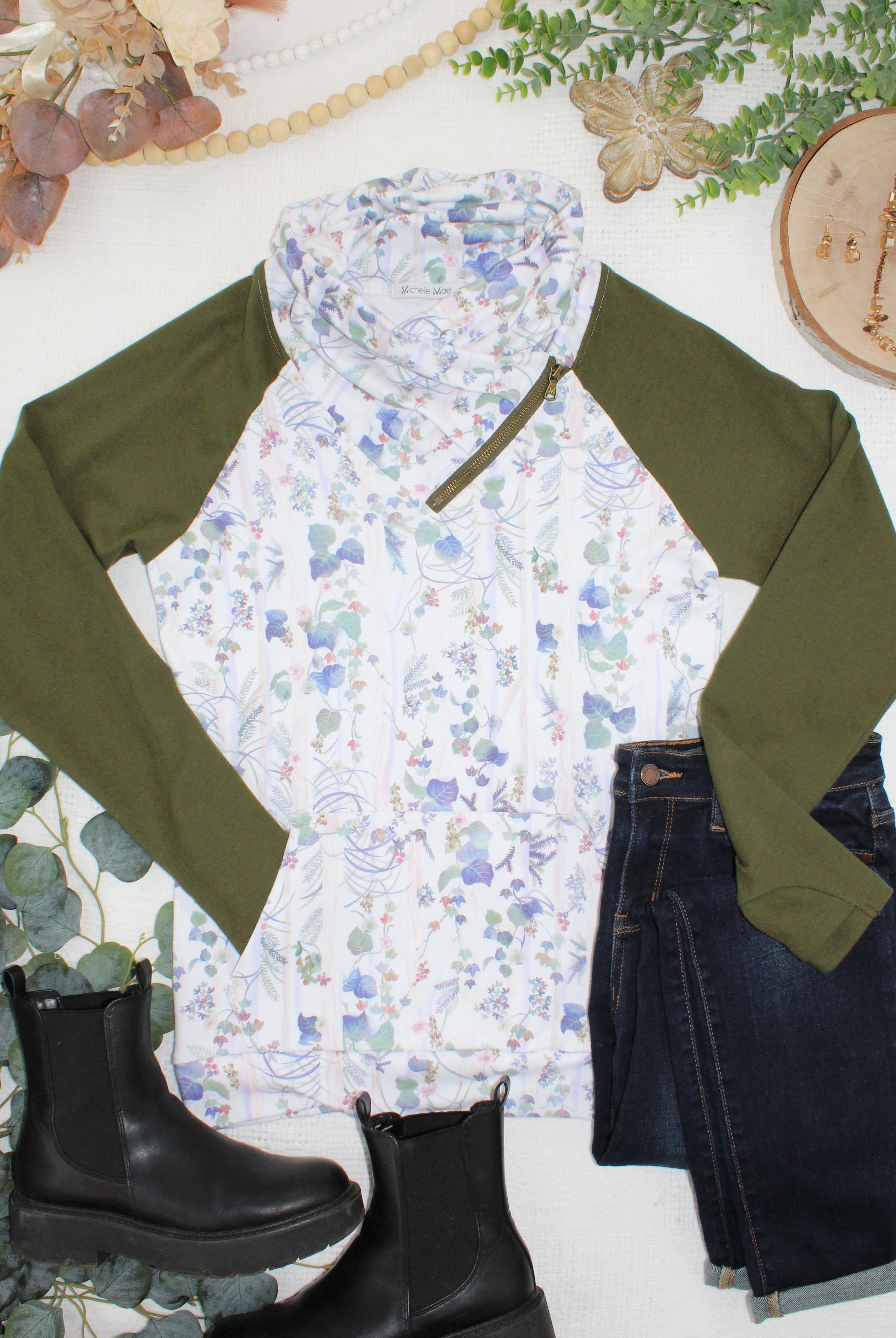 IN STOCK Classic Zoey ZipCowl Sweatshirt - Olive Meadow and Olive-Pullover-Dear Me Southern Boutique, located in DeRidder, Louisiana