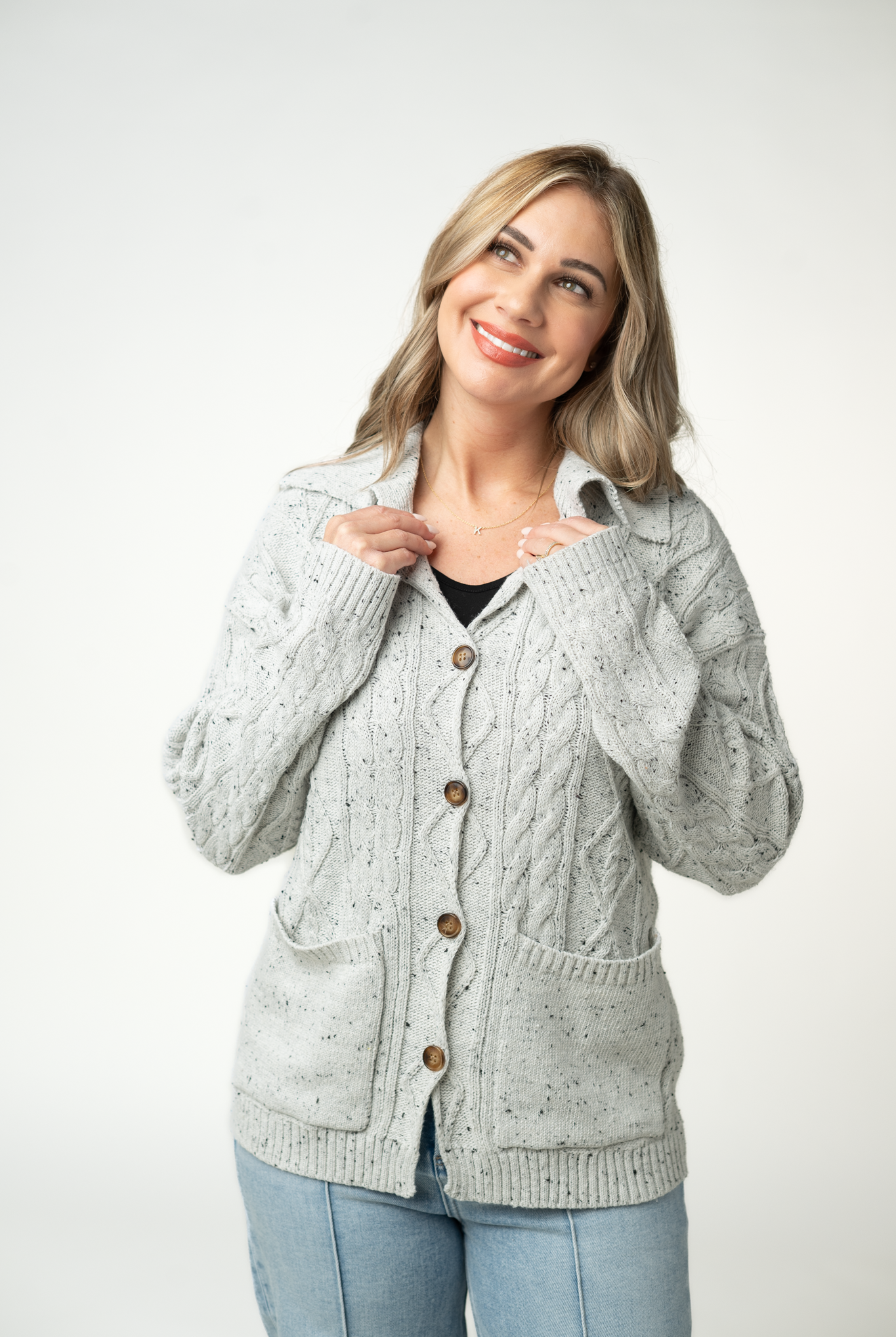 IN STOCK Confetti Dot Cable Cardigan Jacket - Grey-outerwear-Dear Me Southern Boutique, located in DeRidder, Louisiana