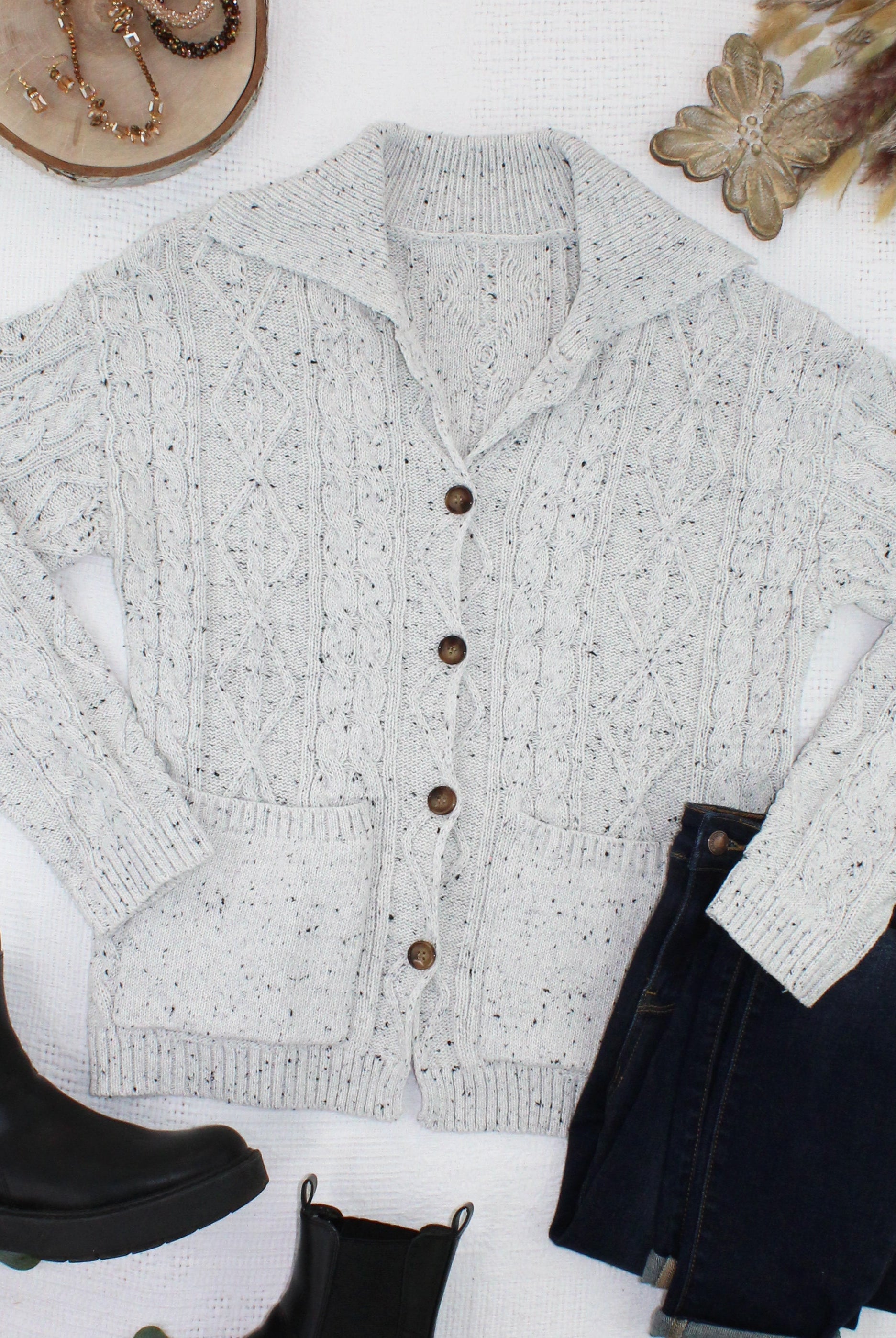 IN STOCK Confetti Dot Cable Cardigan Jacket - Grey-outerwear-Dear Me Southern Boutique, located in DeRidder, Louisiana
