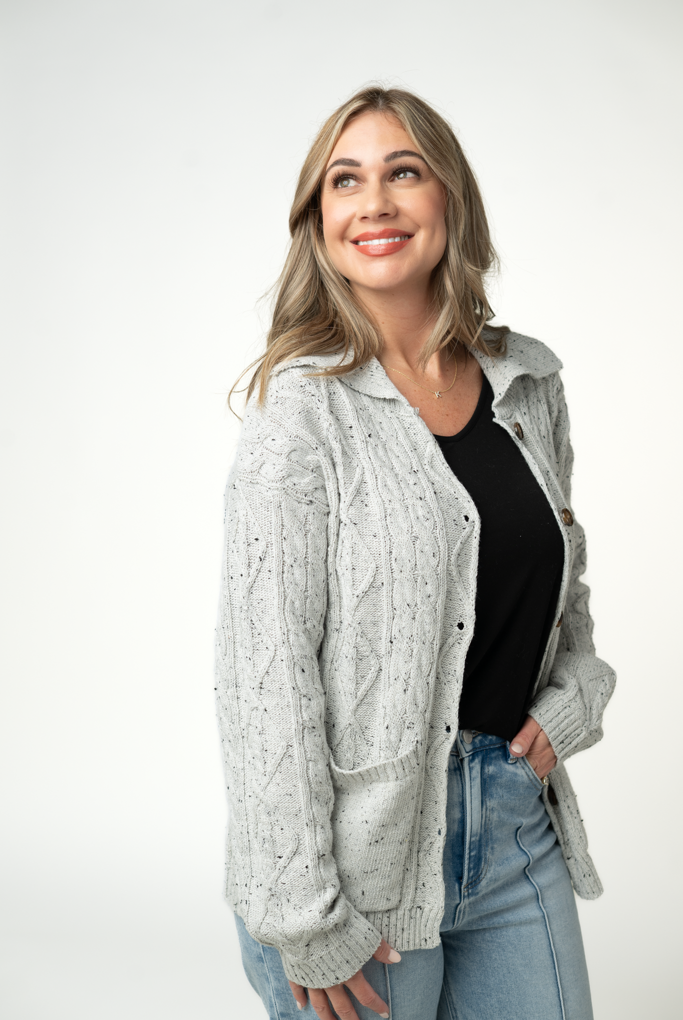 IN STOCK Confetti Dot Cable Cardigan Jacket - Grey-outerwear-Dear Me Southern Boutique, located in DeRidder, Louisiana